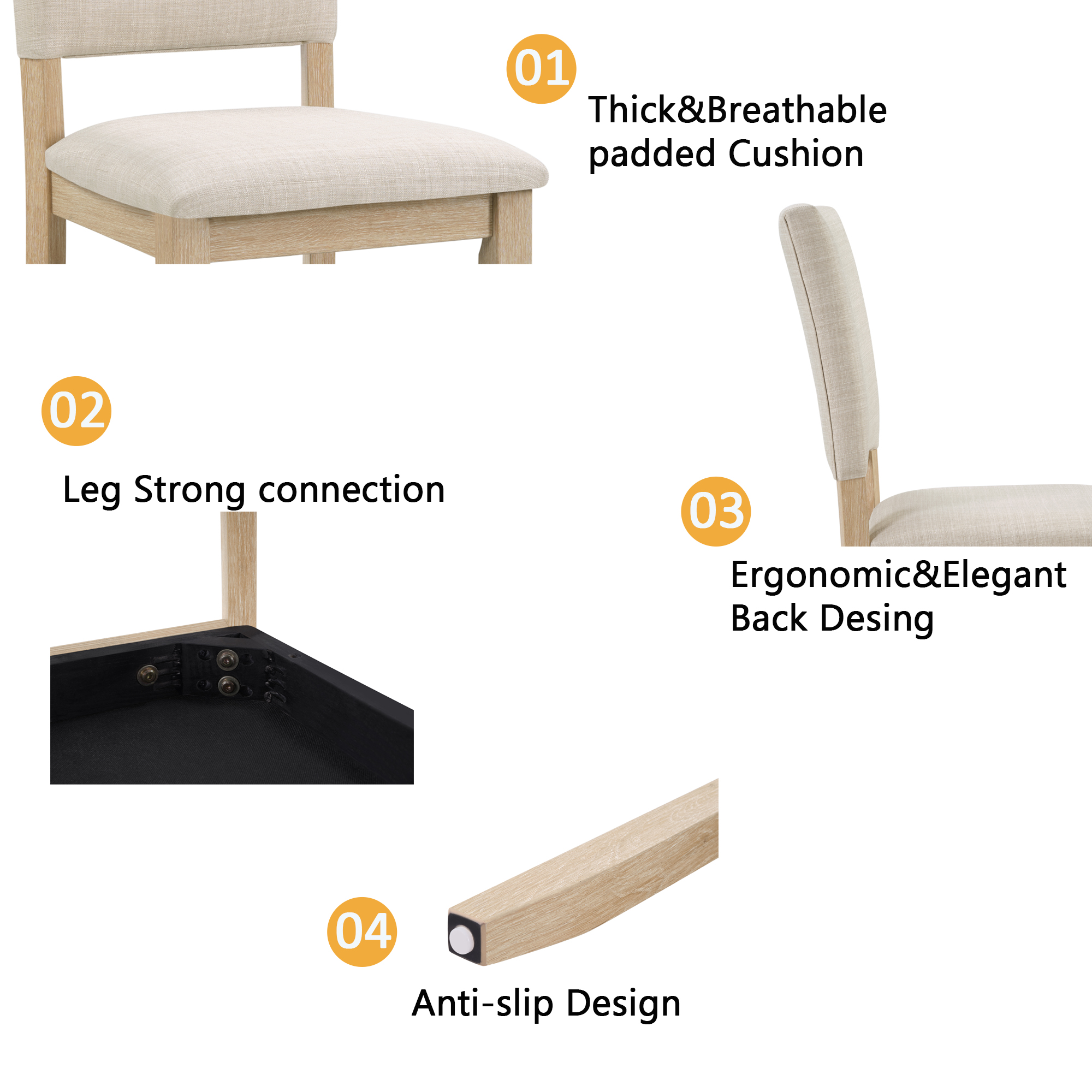 6 Piece Dining Table Set with Bench, Wooden Rectangular Kitchen Table Set with Bench and 4 Upholstered Chairs for Living Room, Kitchen, Dining Room, U-shaped base, Light Oak & Beige
