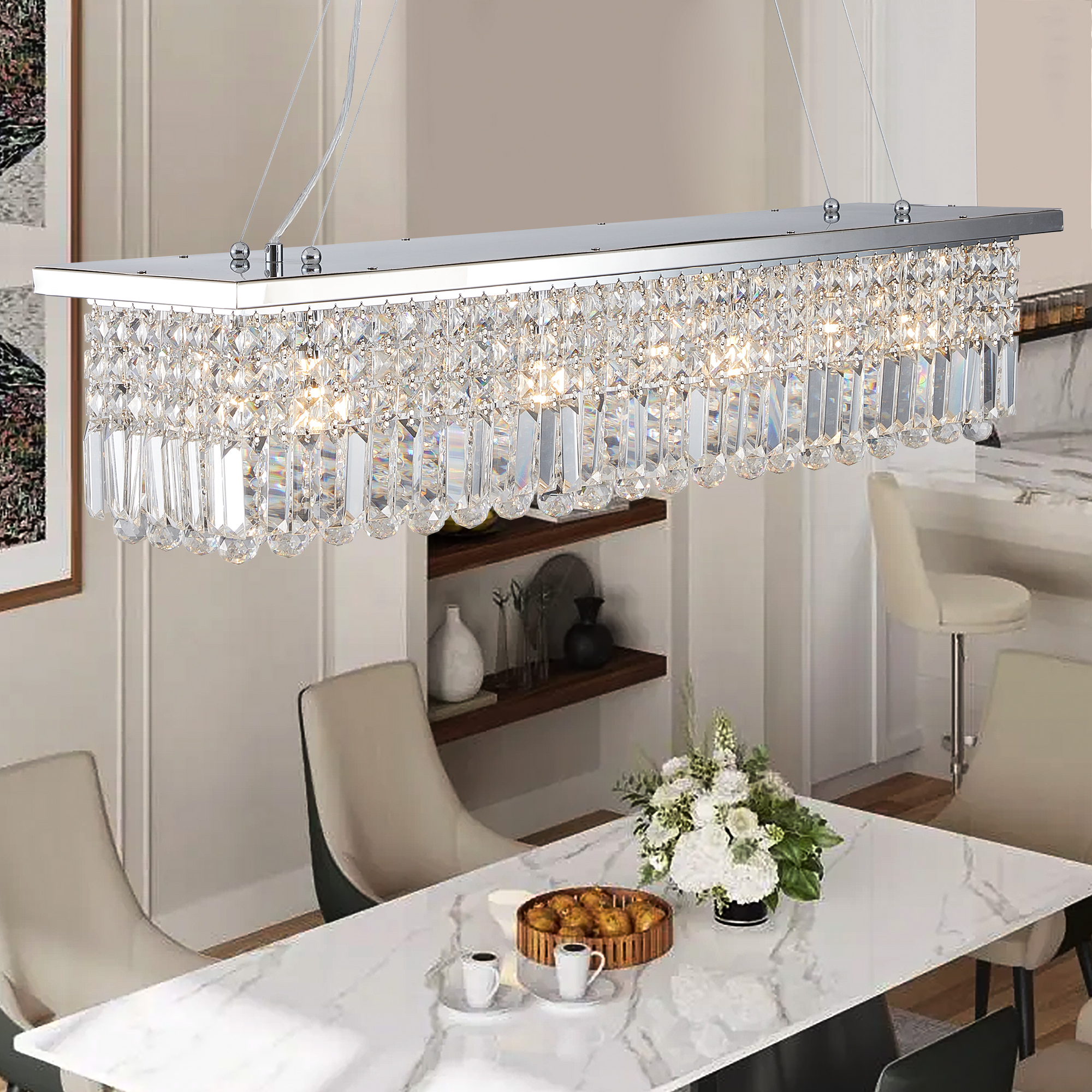 Modern Crystal Chandelier for Dining Room 8-Light White Rectangle Raindrop Chandelier Contemporary Rectangular Pendant Light Fixture for Kitchen Island Bar L39.4'' x W9.8'' x H8.7'(Bulb Not Included) — foto 7