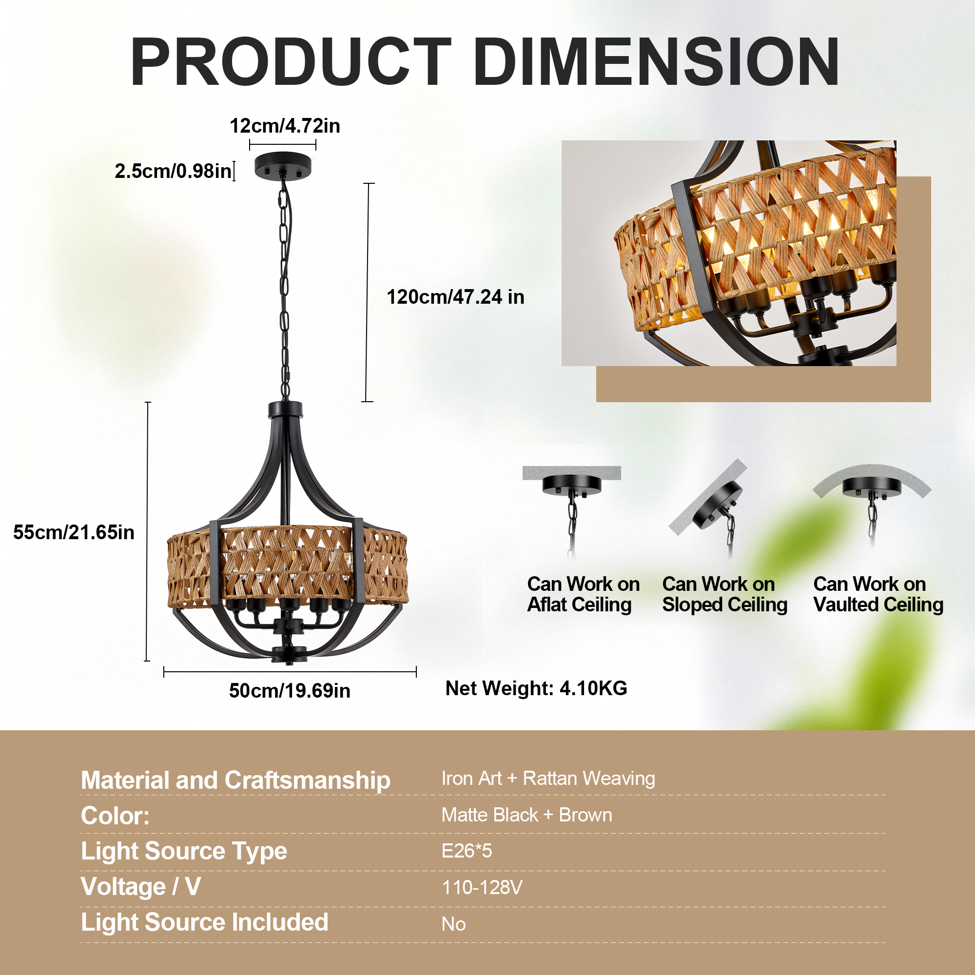 19.7" Rattan Chandelier, 5-Light Boho Chandelier with Natural Woven Reed Shade, Black Farmhouse Hanging Ceiling Light Pendant Light for Dining Room, Living Room, Foyer, Bedroom Hallway — foto 7