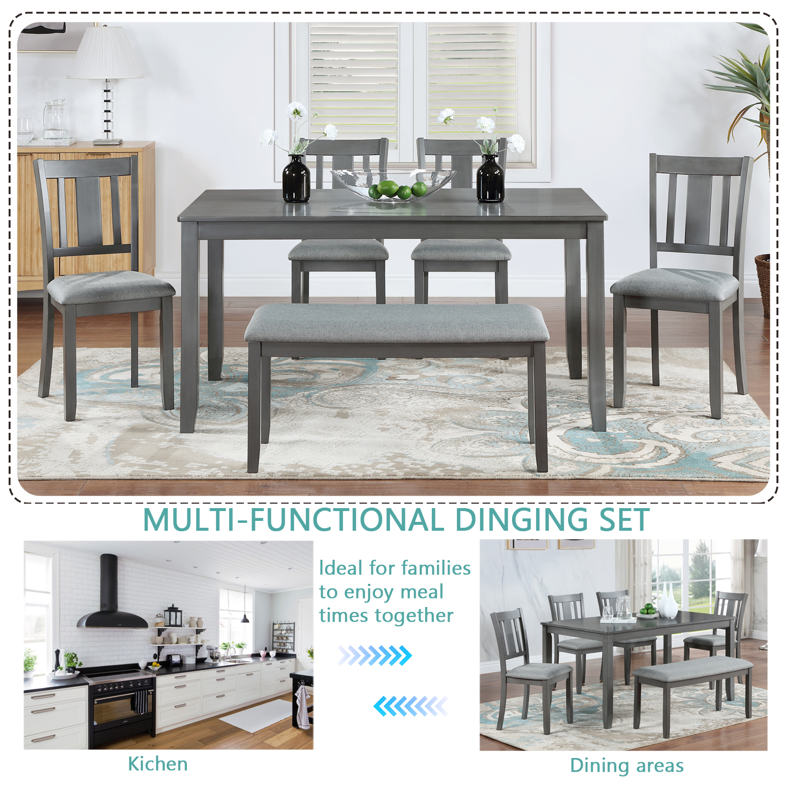 6-Piece Solid Wood Dining Table Set – Elegant Rectangular Table with 4 Upholstered Chairs and Bench for Family Gatherings