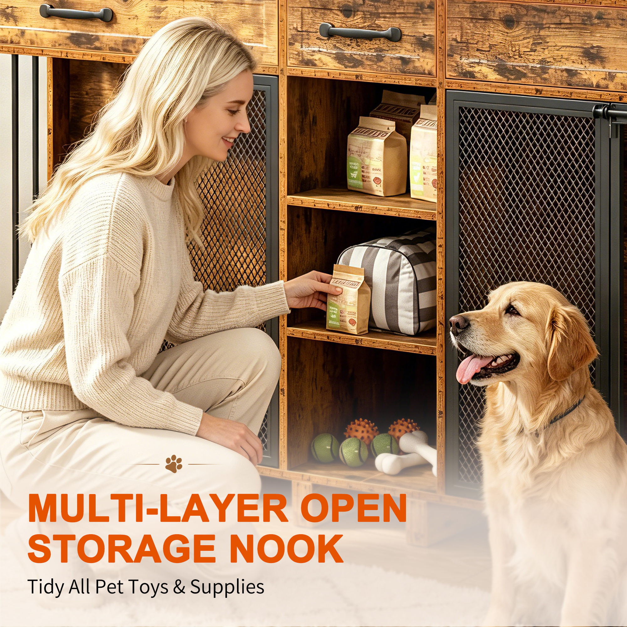 Large Wooden Dog Crate Furniture, Multi-Functional Pet Cage Cabinet with Storage — foto 2
