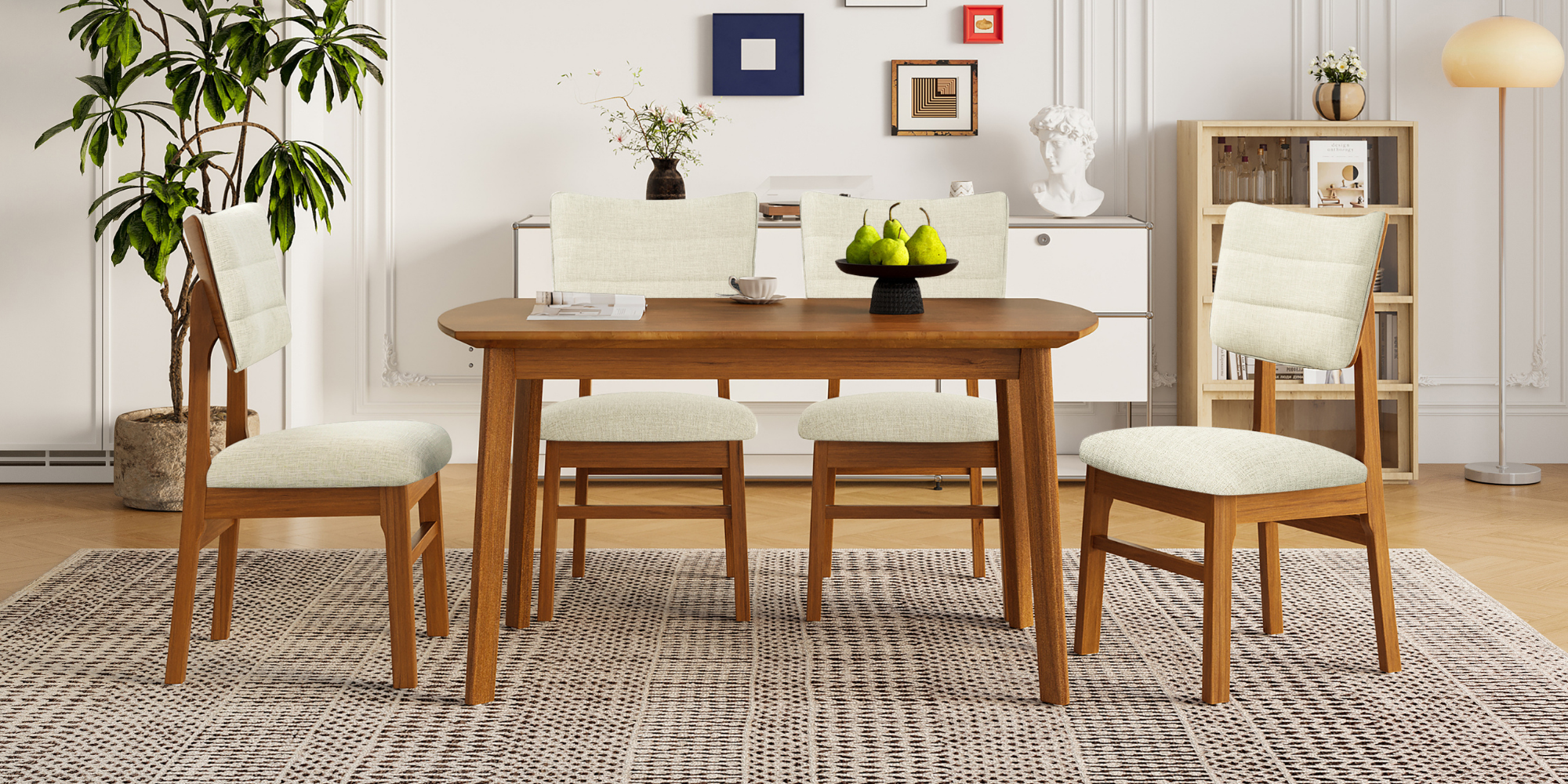 Farmhouse Dining Table Set for 4, Wood Kitchen Table & 4 Upholstered Chairs with Sturdy Rubber Wood Frame, Padded Seat, Curved Backrest, Space-Saving Dinette Set for Dining Room, Brown+Biege — foto 4