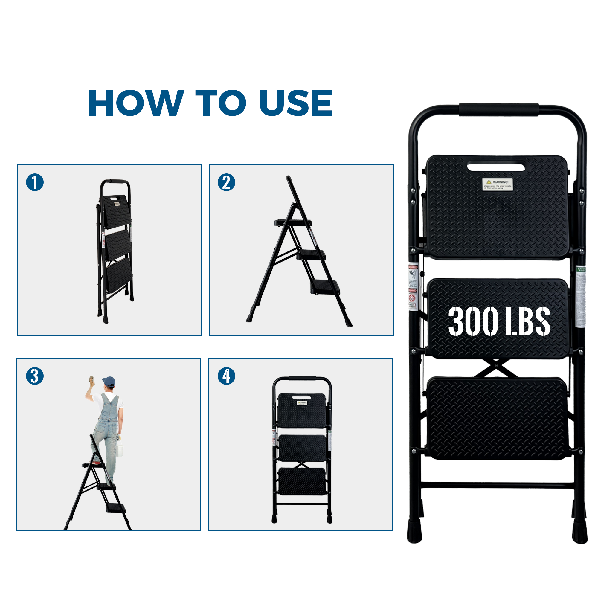 3 Step Ladder, Folding Step Stool with Wide Anti-Slip Pedal, Sturdy Steel Ladder,  Lightweight, Portable Steel Step Stool — foto 13