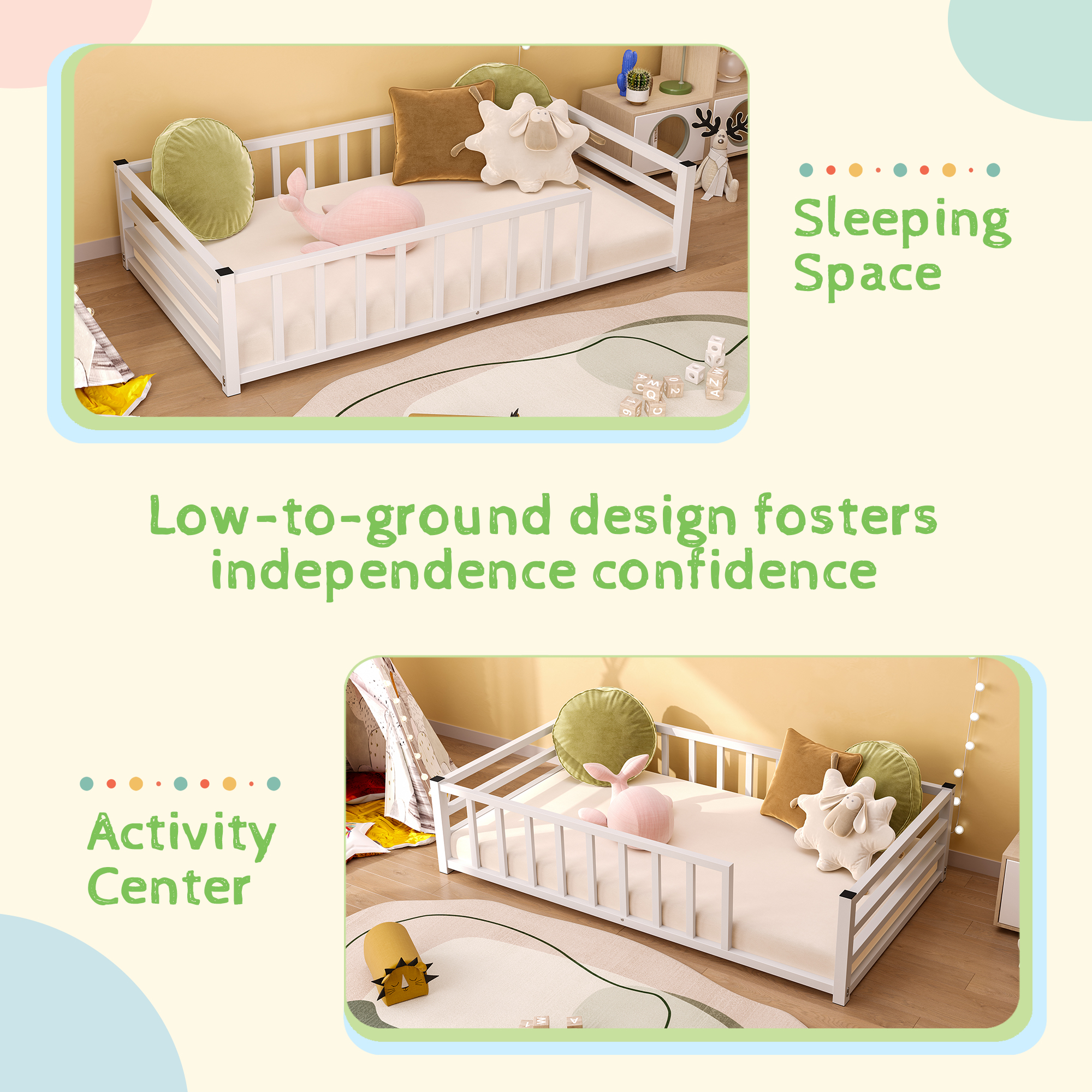 Twin Size Floor Bed, Low Profile Metal Platform with Heavy Duty Guardrails, No Box Spring Needed, White — foto 4