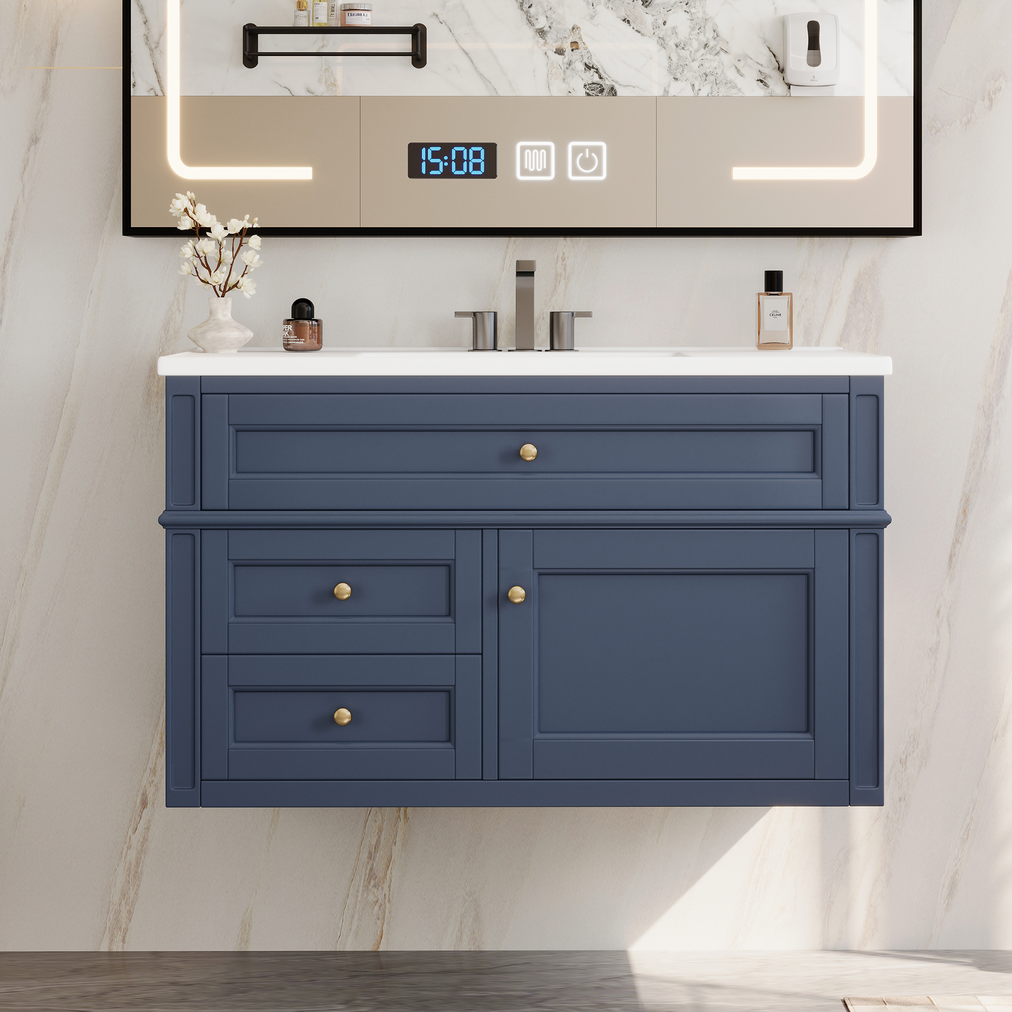 36'' Wall Mounted Bathroom Vanity, Floating Bathroom Storage Cabinet with 2 Drawers, 1 Tip-out Drawer, 3 Holes Single Ceramic Sink, Modern Cabinet.
