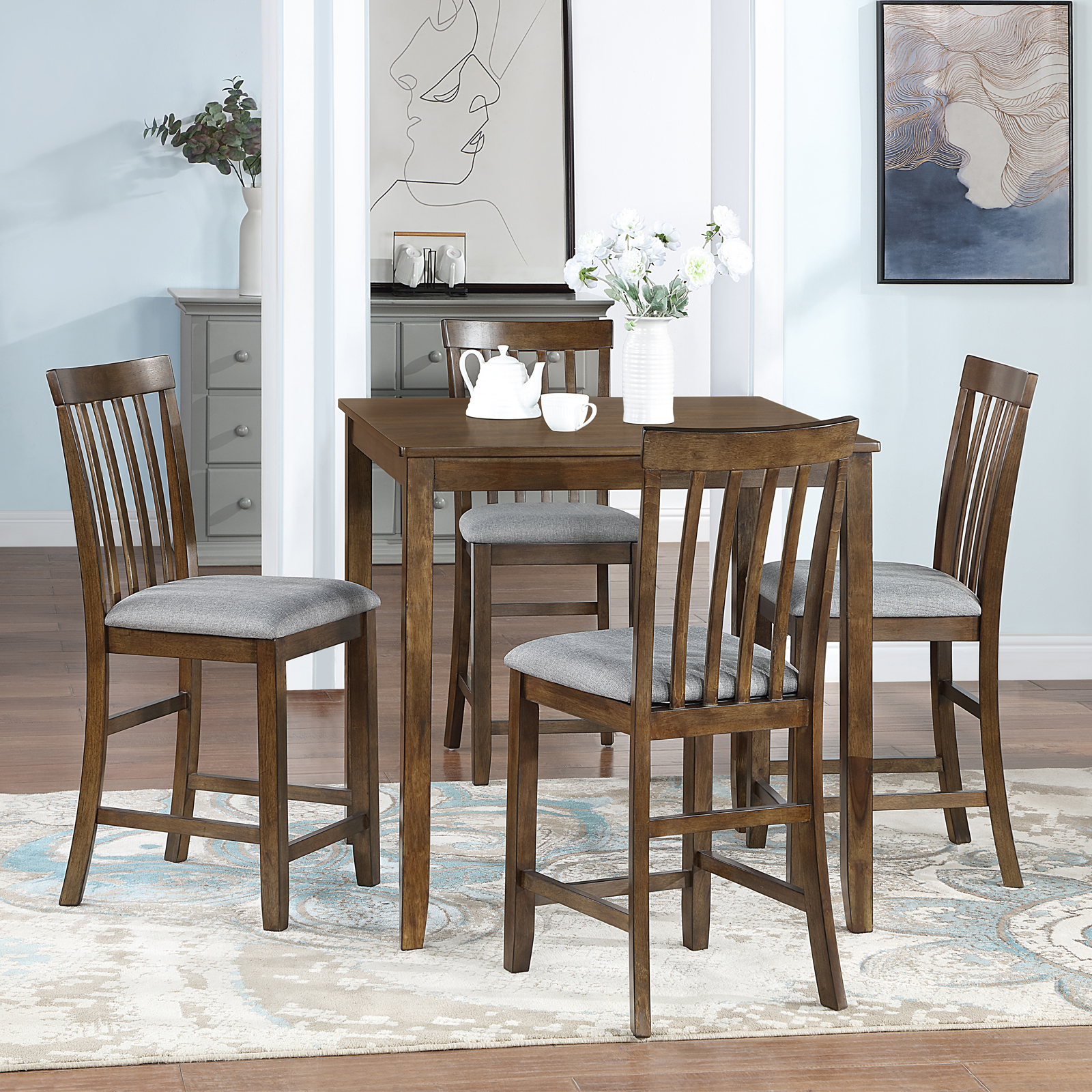 Wooden Dining Square Table, Kitchen Table for Small Space, 4 Person Counter Height Table, Walnut ONLY THE TABLE 5