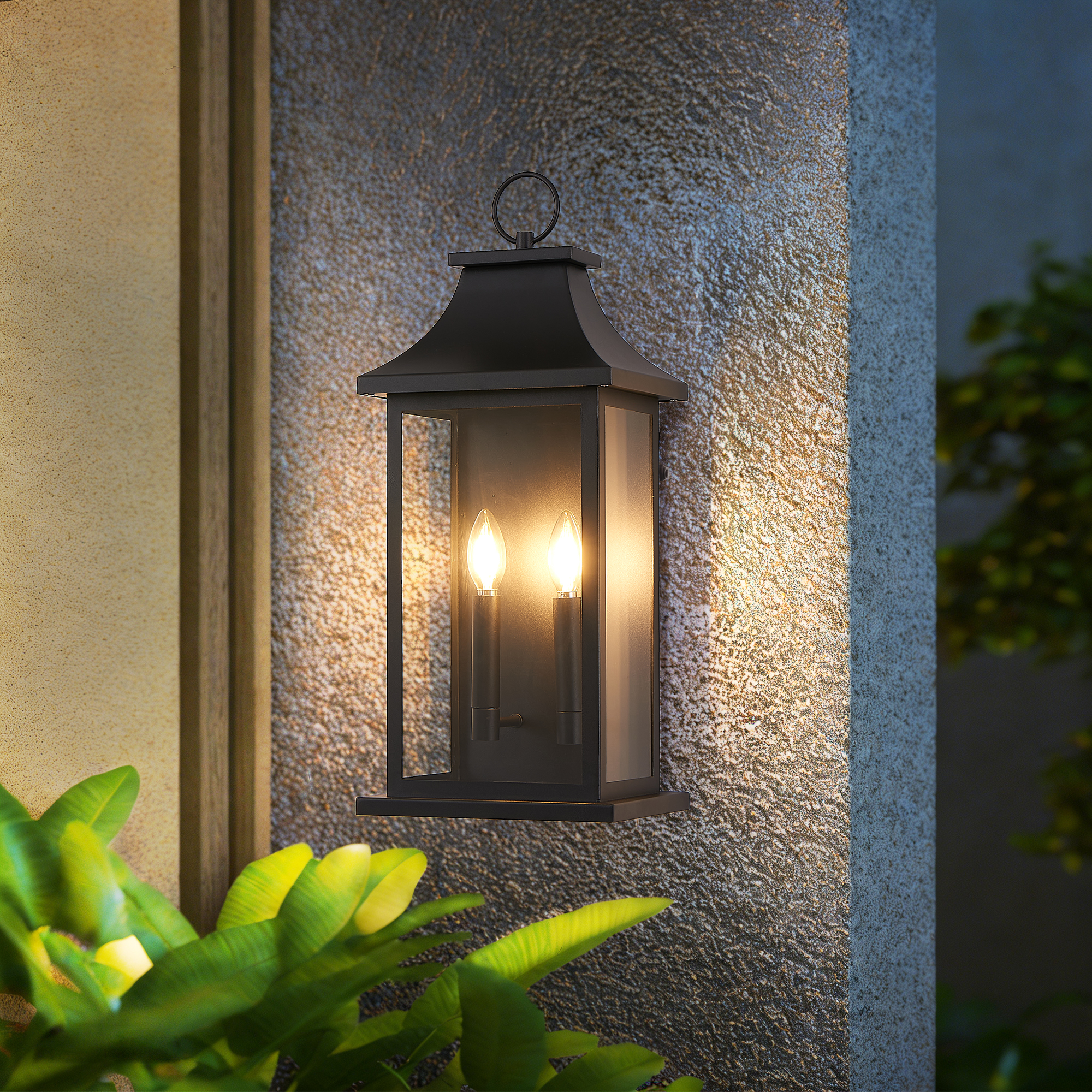 Dusk to Dawn Outdoor Wall Lantern 2-Light, 22.2" Large Outside Wall Sconce, Modern Black Wall Light Fixture with Glass, Waterproof Exterior Lamp for House, Porch, Garage