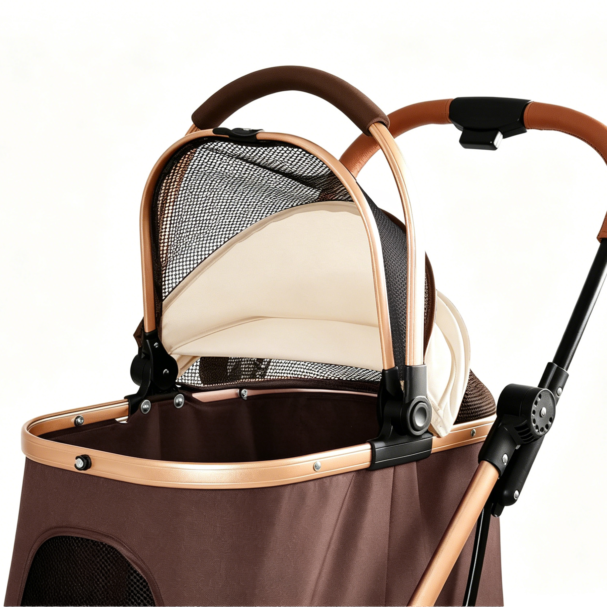 Pet Stroller for Dogs and Cats, 2-in-1 Detachable Foldable 4 Wheels Pet Stroller, Quick One-Hand Fold, Storage Basket, Detachable Carry Basket with Sun Canopy(Khaki++Gold) — foto 8