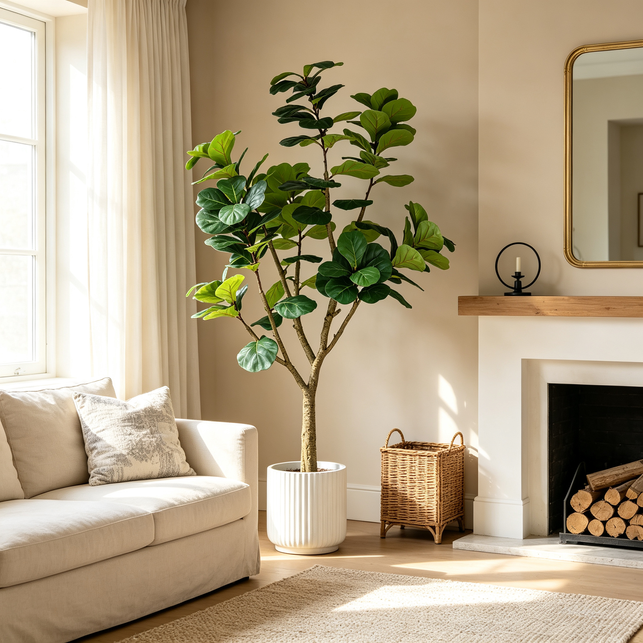 7FT Artificial Fiddle Leaf Fig Tree, Realistic Faux Potted Plant in Black Pot, 1pc/set