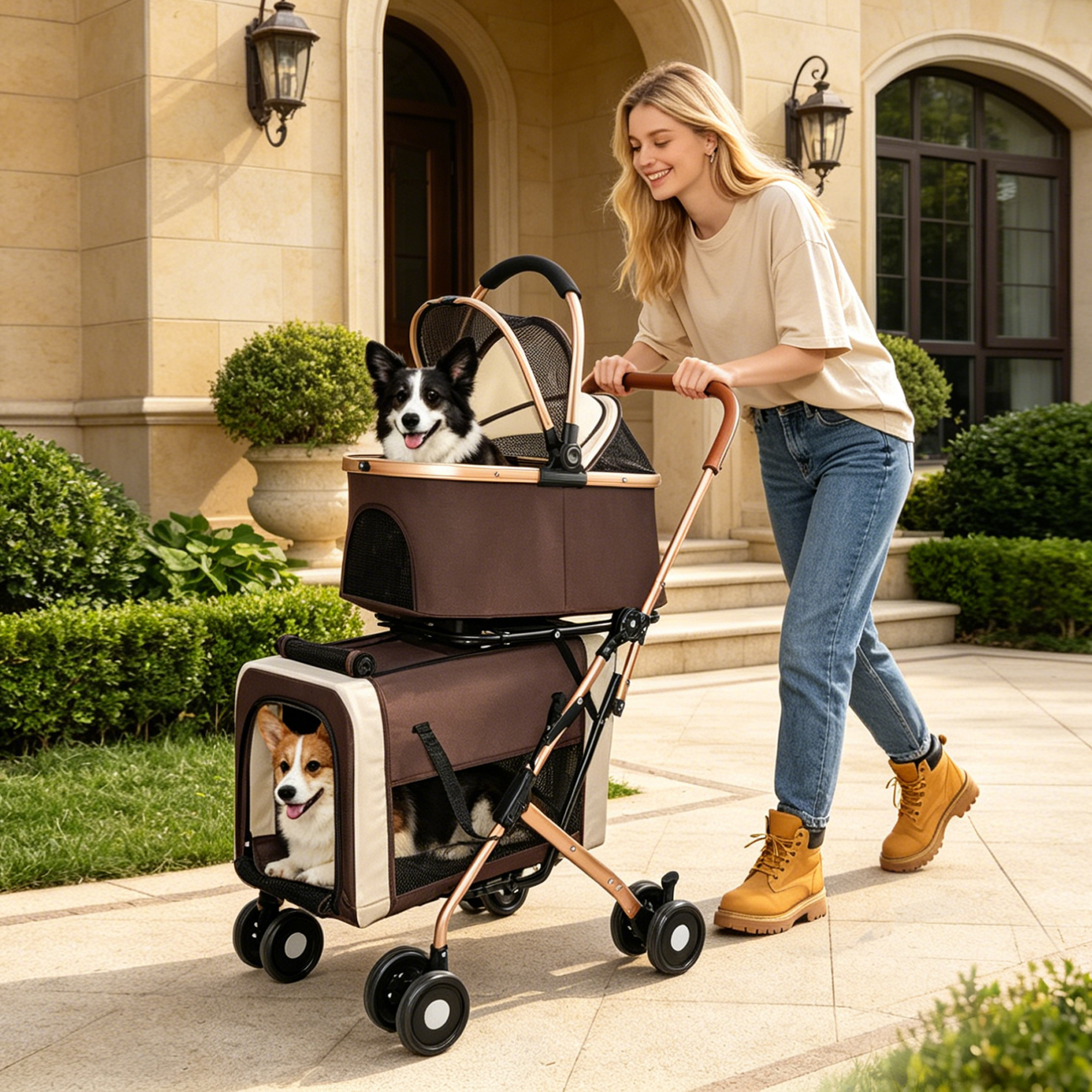 Double Pet Stroller for Dogs and Cats, Foldable Frame, 3-in-1 Convertible Carrier/Tote, Shockproof Wheels, Brake System, Fixed Safety Leashes for Small/Medium Pets in Multi-Pet Homes(Khaki) — foto 7