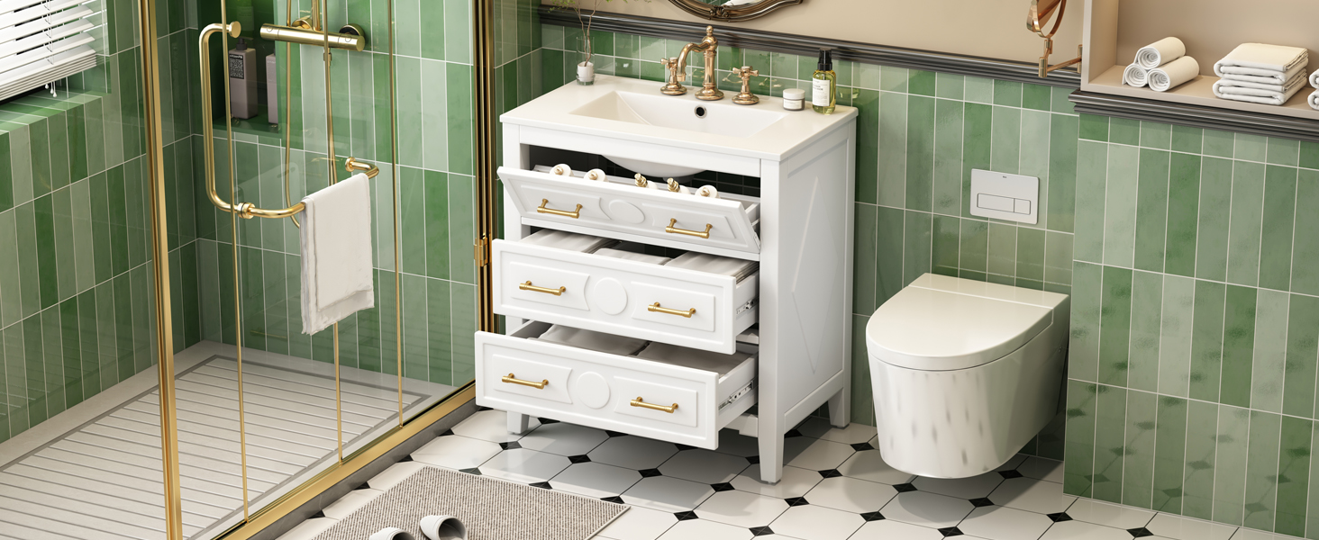 30'' Bathroom Vanity with Ceramic Sink Combo, Free Standing Single Vanity Set with 3 Drawers, Solid Wood Frame Bathroom Storage Cabinet, White — foto 4