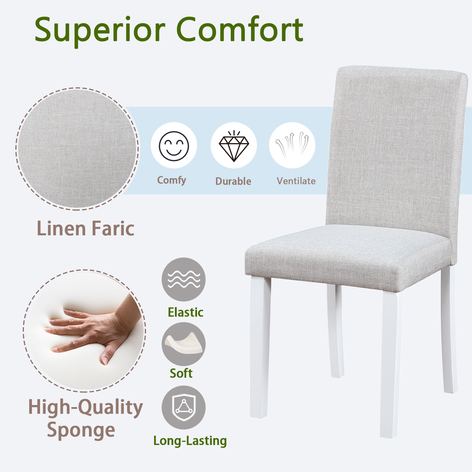 Dining Chairs Only, Dining Chairs set for 4, Kitchen Chair with Padded Seat, Side Chair for Dining Room, White & Gray 5