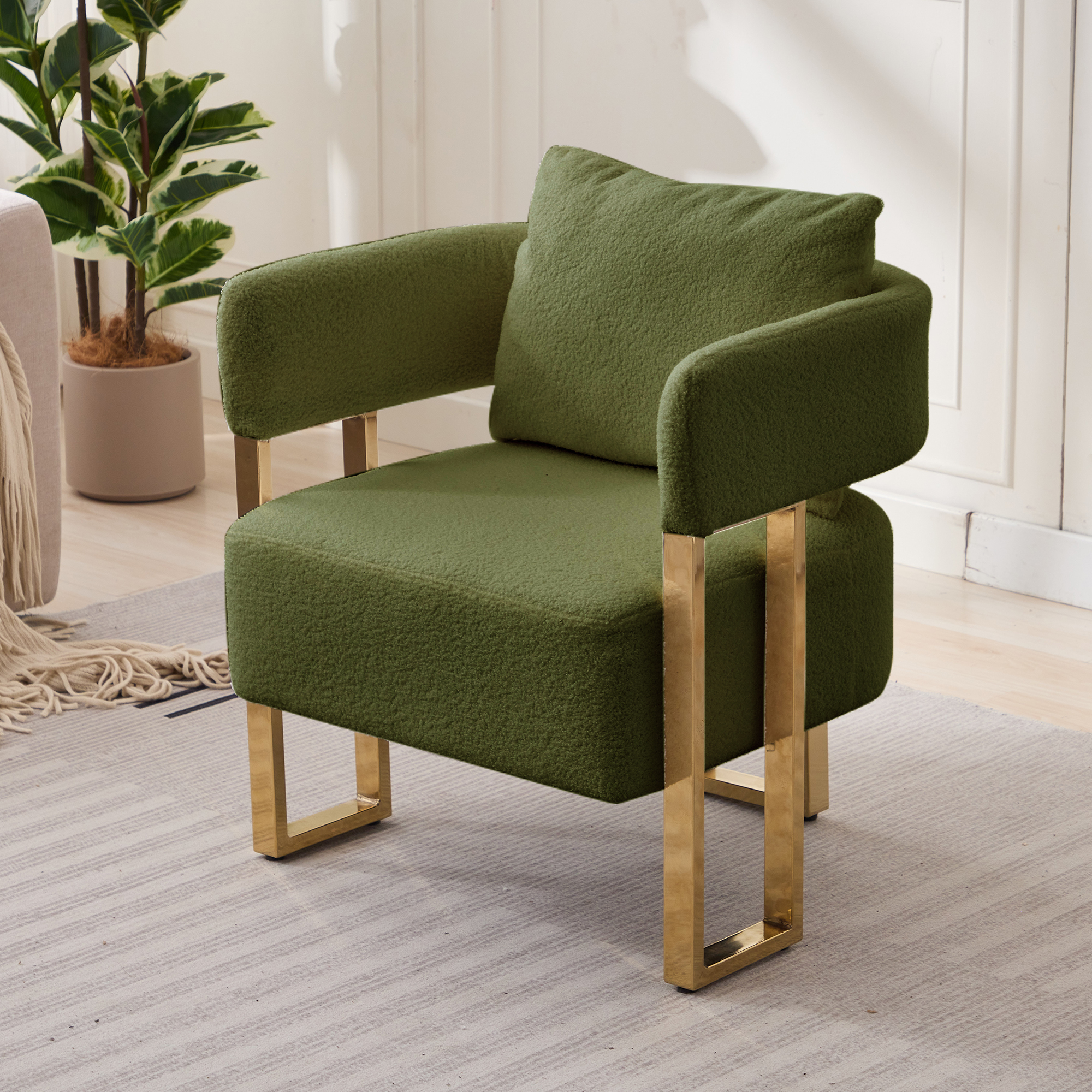 TS Modern decorative chair, living room side chair with gold metal legs, no wheels, suitable for dressing area, reception room, office,Teddy fleece upholstered metal foot sofa 2PC Green — foto 6