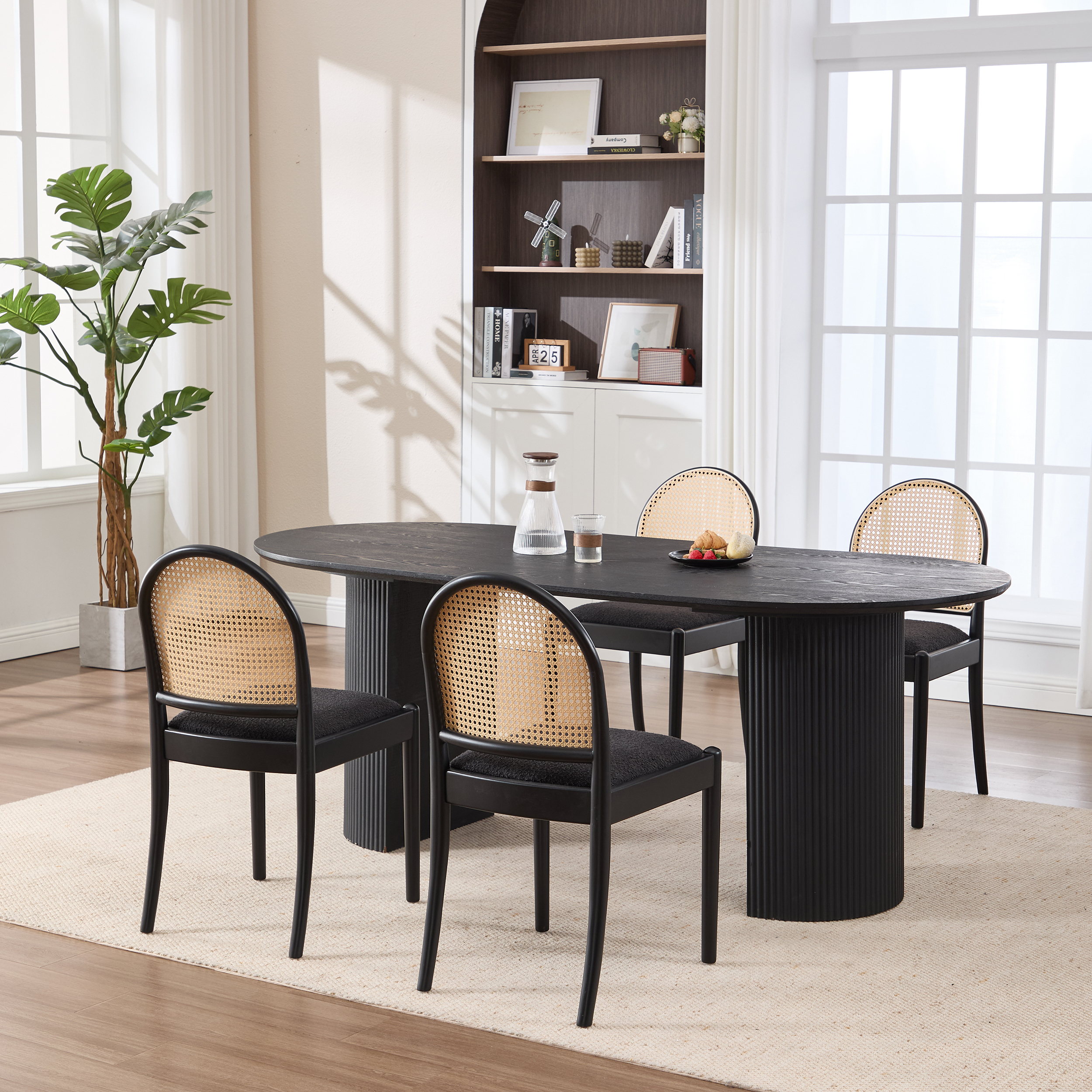 Rattan Dining Chairs Set of 2, Upholstered Linen Dining Room Chairs with Backrests, Modern Kitchen Chairs with Wood Legs for Dining Room, Black — foto 2