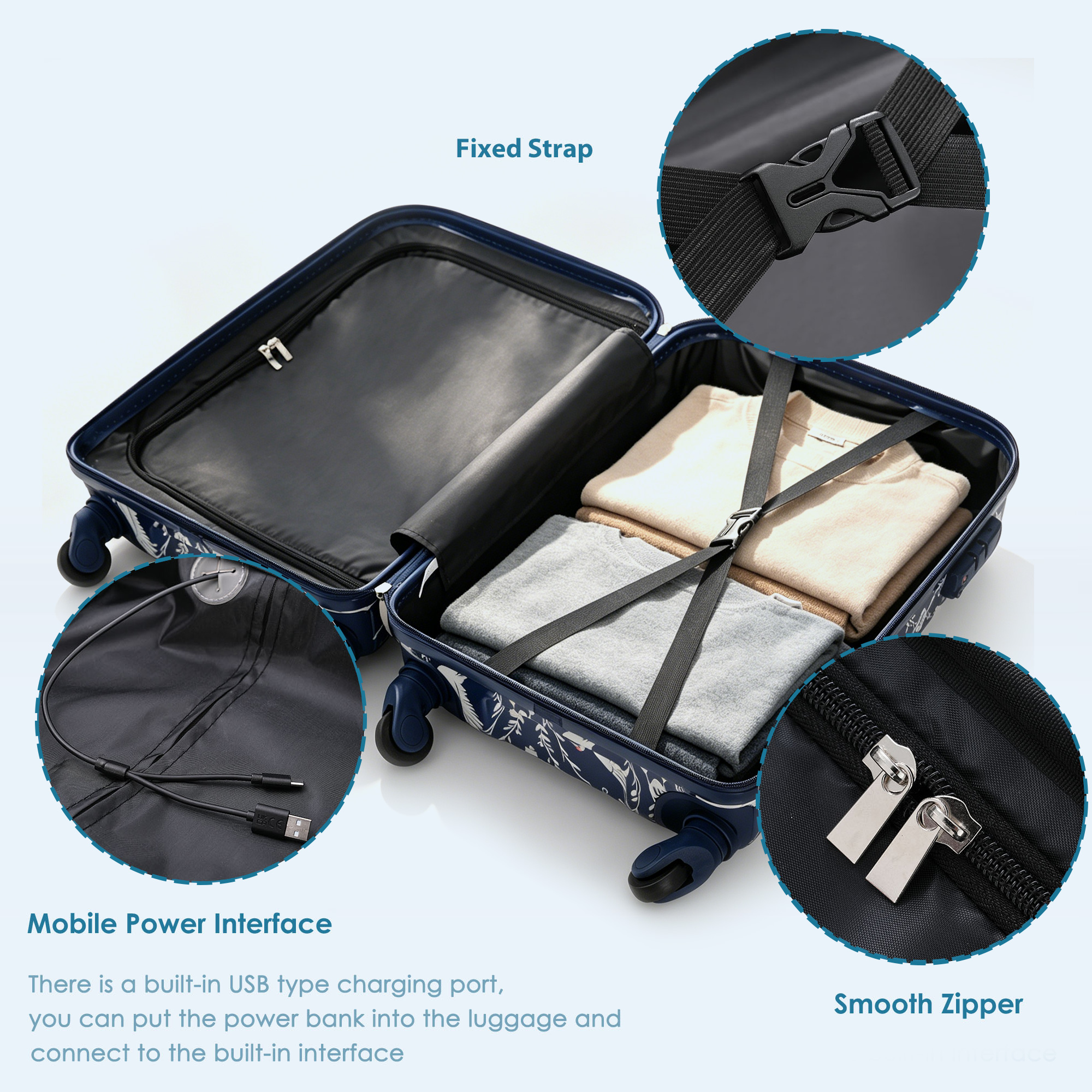 Luggage Set of 3, 20-inch with USB Port, Airline Certified Carry-on Luggage  , ABS+PC Hard Shell Luggage with Spinner Wheels,Indigo Swan — foto 2