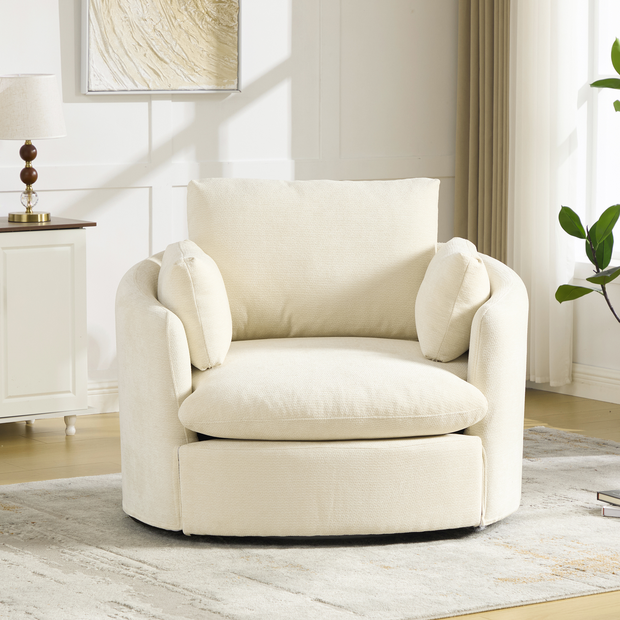 42.52"W Swivel Barrel Chair with Chenille, 360° Swivel Accent Chair with 3 Plump Pillows, Swivel Round Chair with Removable Cushion for Living Room Bedroom Apartment, Beige — foto 2