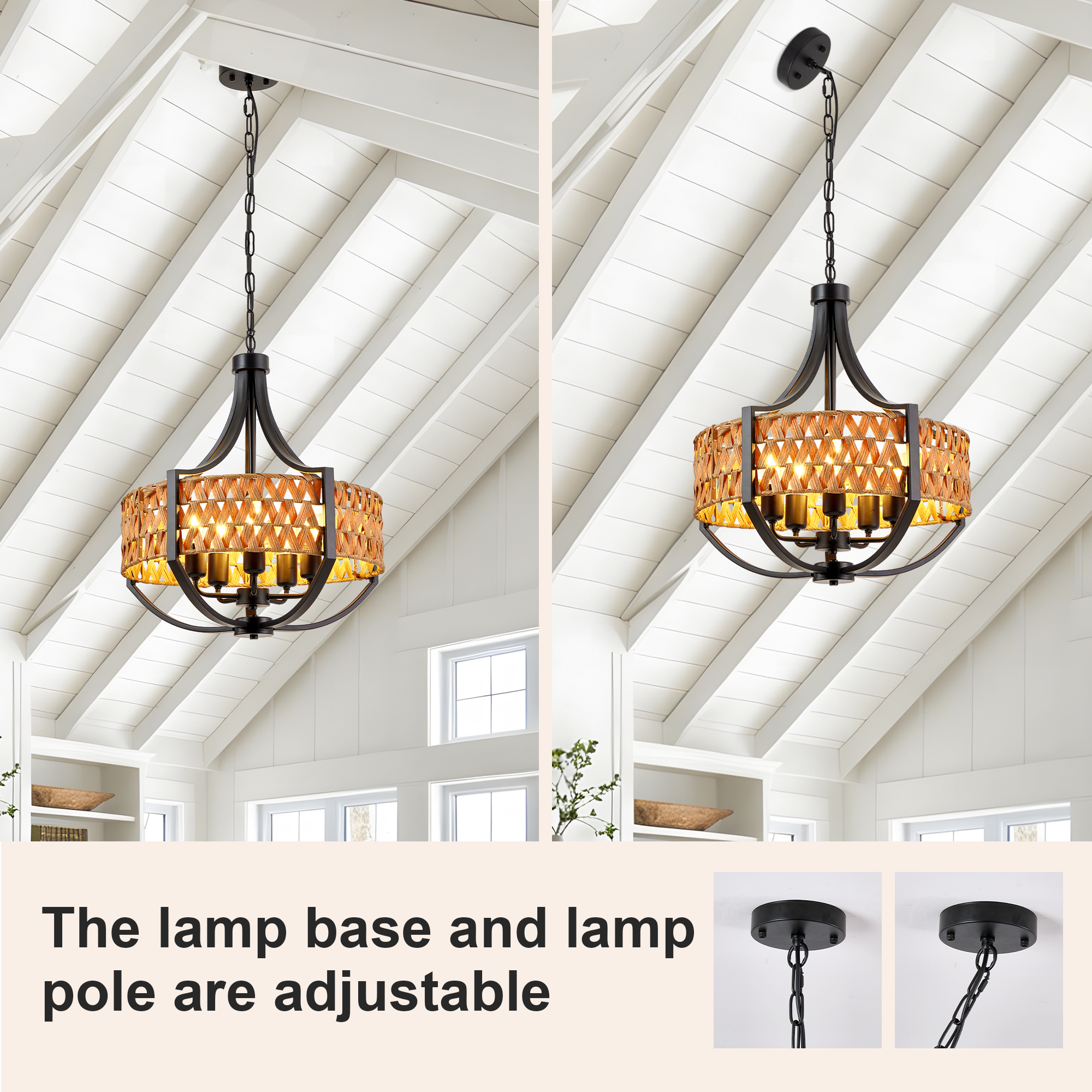 19.7" Rattan Chandelier, 5-Light Boho Chandelier with Natural Woven Reed Shade, Black Farmhouse Hanging Ceiling Light Pendant Light for Dining Room, Living Room, Foyer, Bedroom Hallway — foto 5
