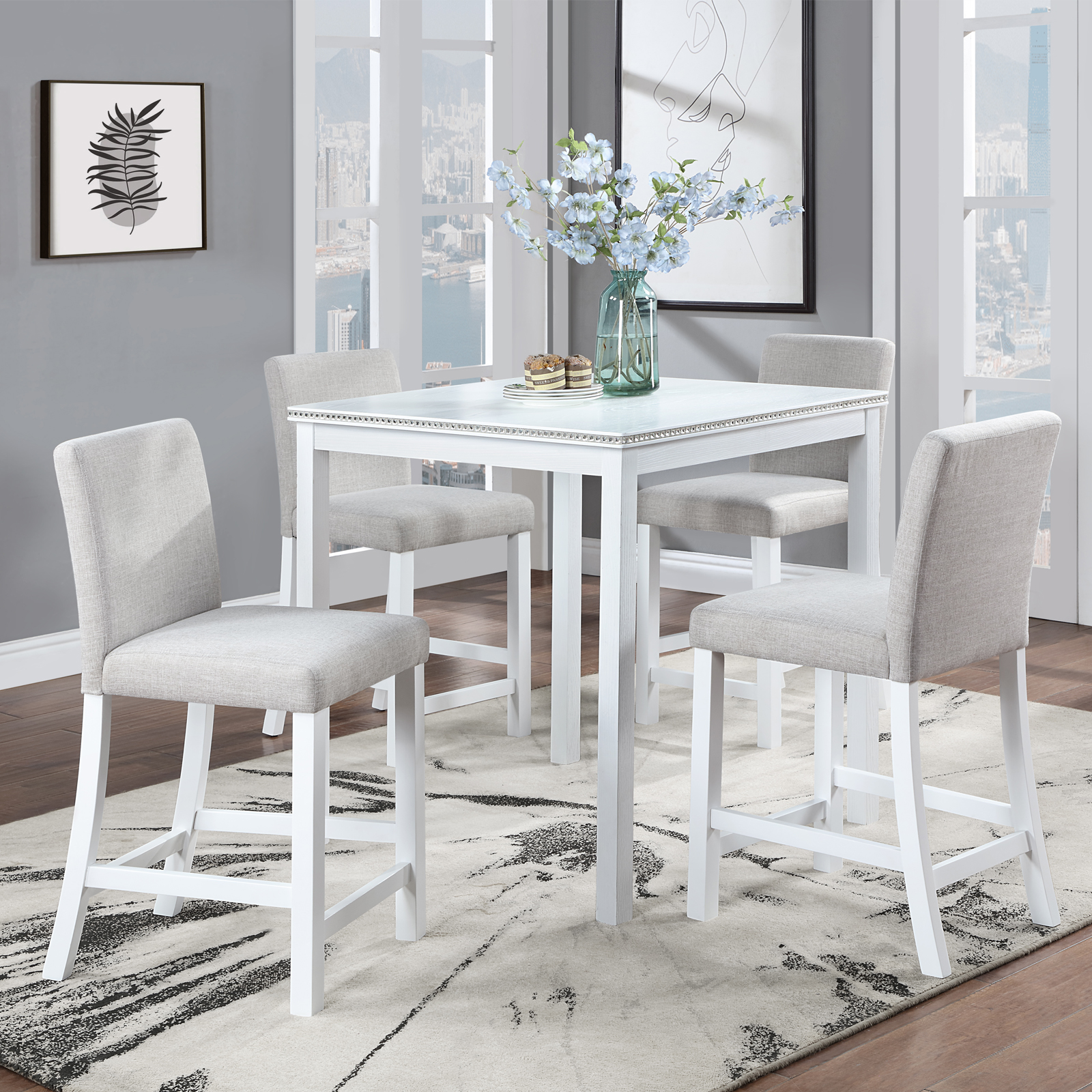 Counter Height Chairs set for 4, Kitchen Chair with Padded Seat, Counter Height Barstool for Dining Room, White & Gray 2
