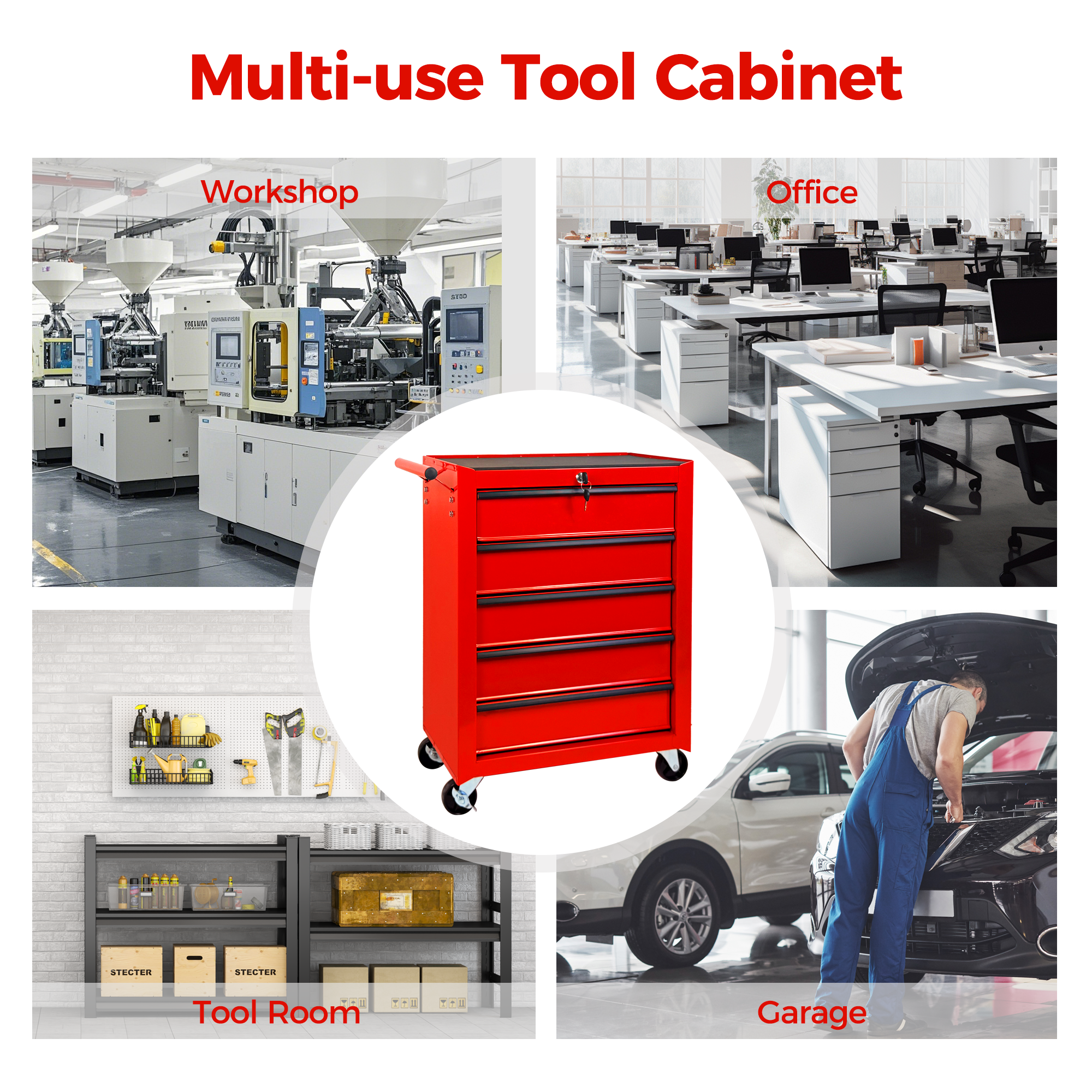 Rolling Metal Tool Chest with 5 Drawers, 20" 5-Drawer Tool Chest Cabinet with Ball Bearing Drawer Slides, Steel Tool Storage Box Organizer-RED — foto 14