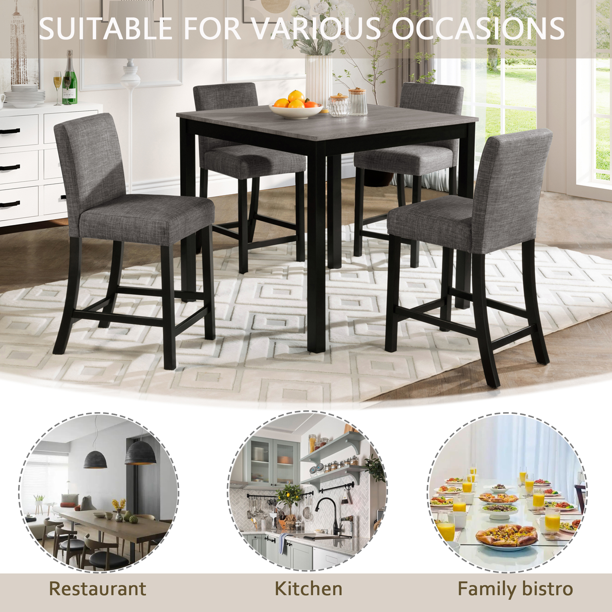 5-Piece Counter Height Table Set with 4 Chairs, Counter Height Table Set for 4 with Chairs, Wooden Counter Height  Table Set for Kitchen, Dining Room, Light Grey & Black Two Tone — foto 3