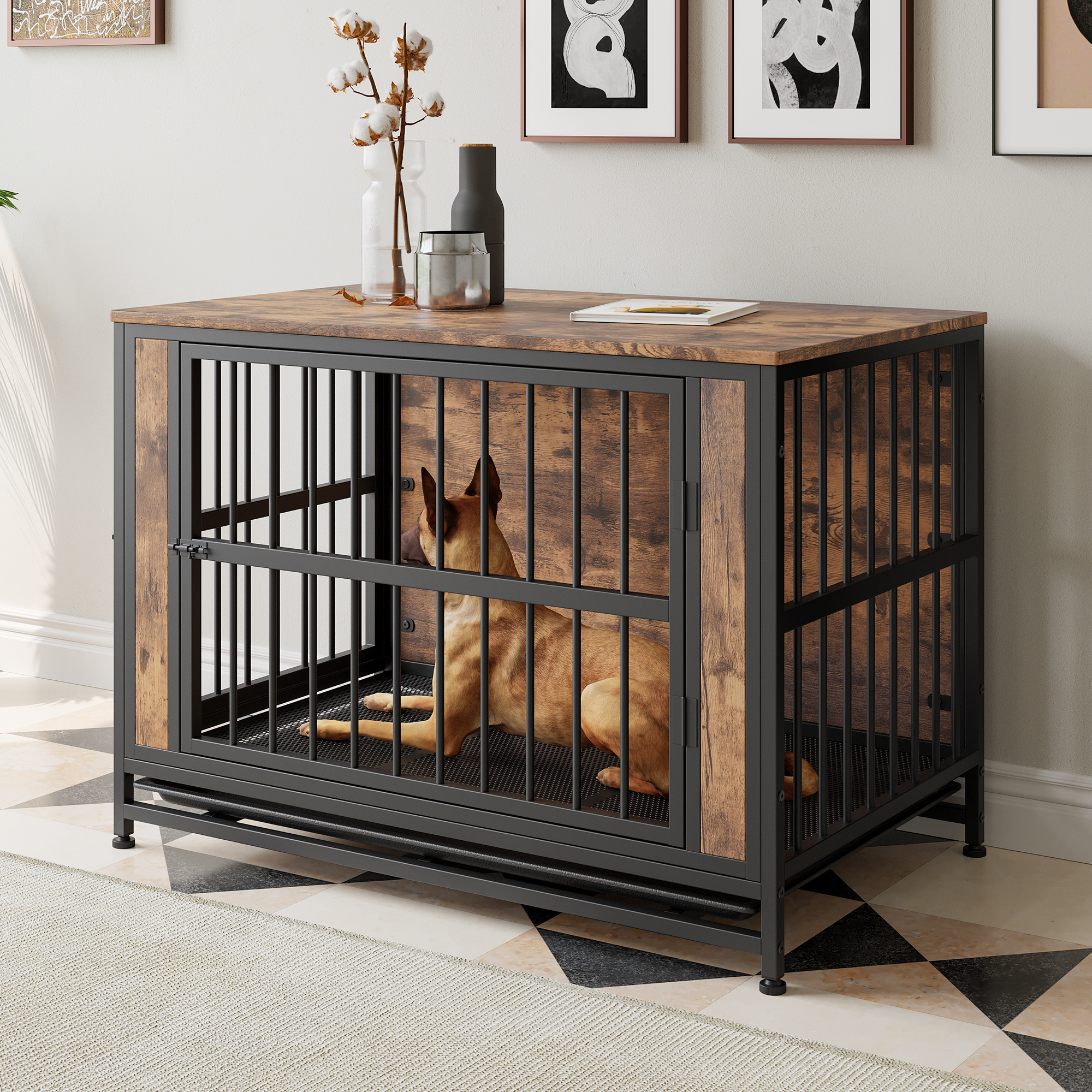 Dog Crate Furniture,  Wooden Dog Crate Table, 38.9" Dog Kennel with 2 Sliding Doors and Thick Iron Door Frame, Decorative Pet Crate House for Large/Medium/Small Dog Indoor Use(Rustic Brown) — foto 3