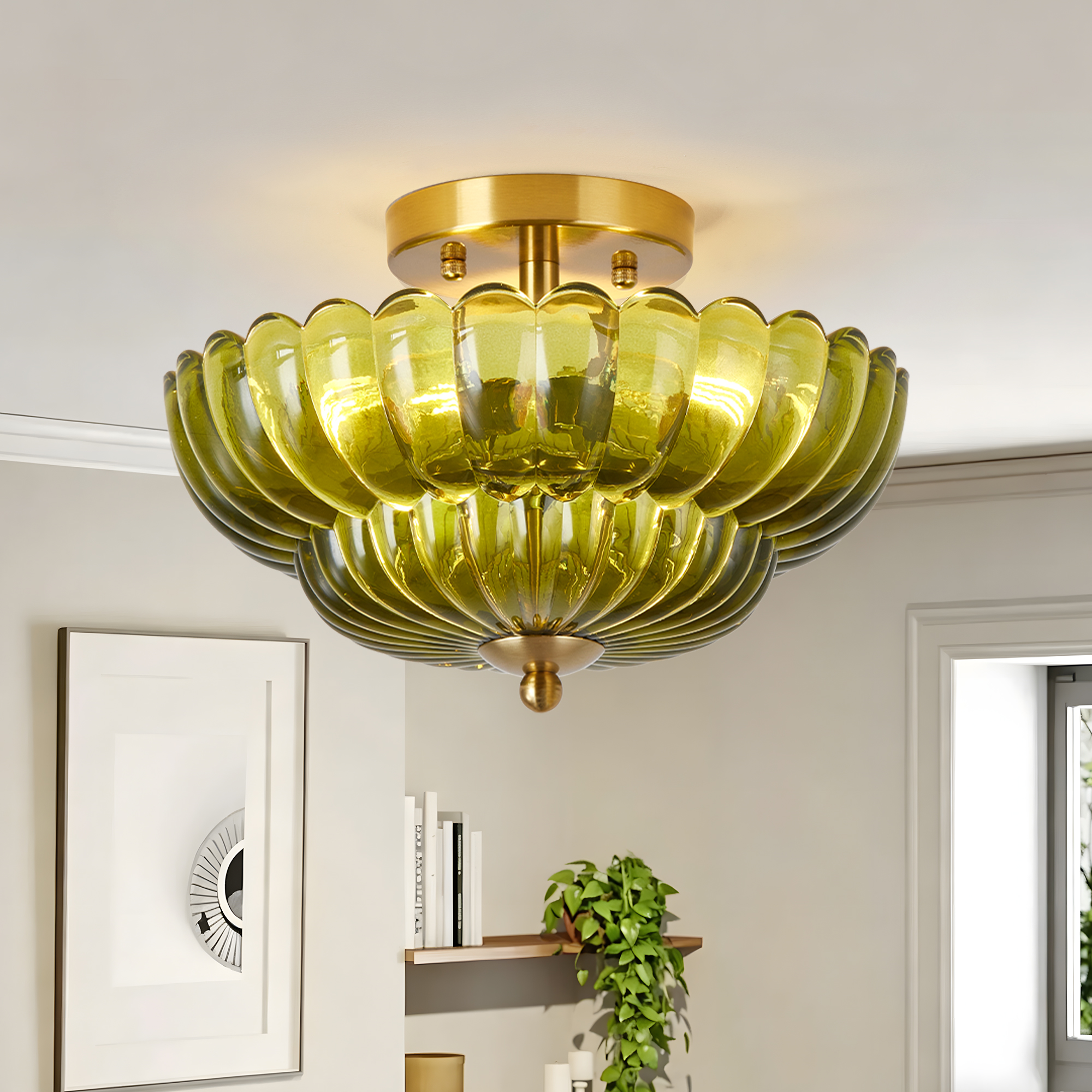 11.8 inch Kitchen Ceiling Light, 3-Light Semi Flush Mount Ceiling Lamp with Flower Glass, Vintage Close to Ceiling Light Fixtures for Bathroom Bedroom Hallway Entryway, Green 2