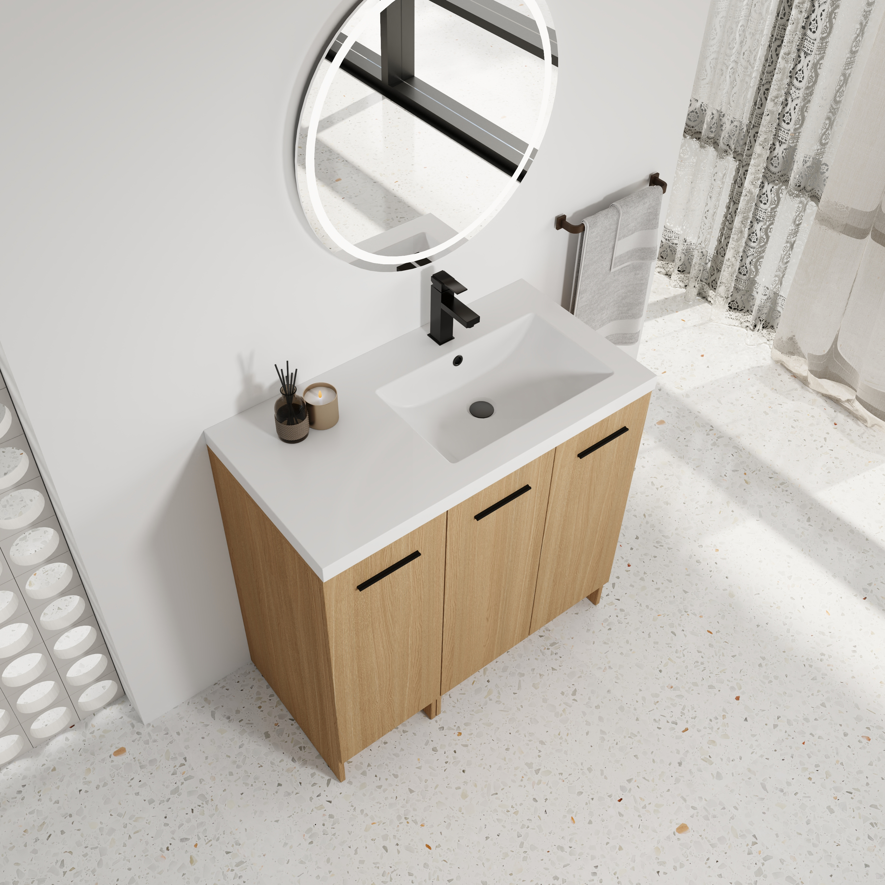 36" Modular Freestanding Bathroom Vanity with 36" Resin Sink Top, Light Oak, 2-Piece Cabinet (24" 2-Door + 12" 1-Door), KD Cabinet, Includes Black & Brushed Aluminum Handles