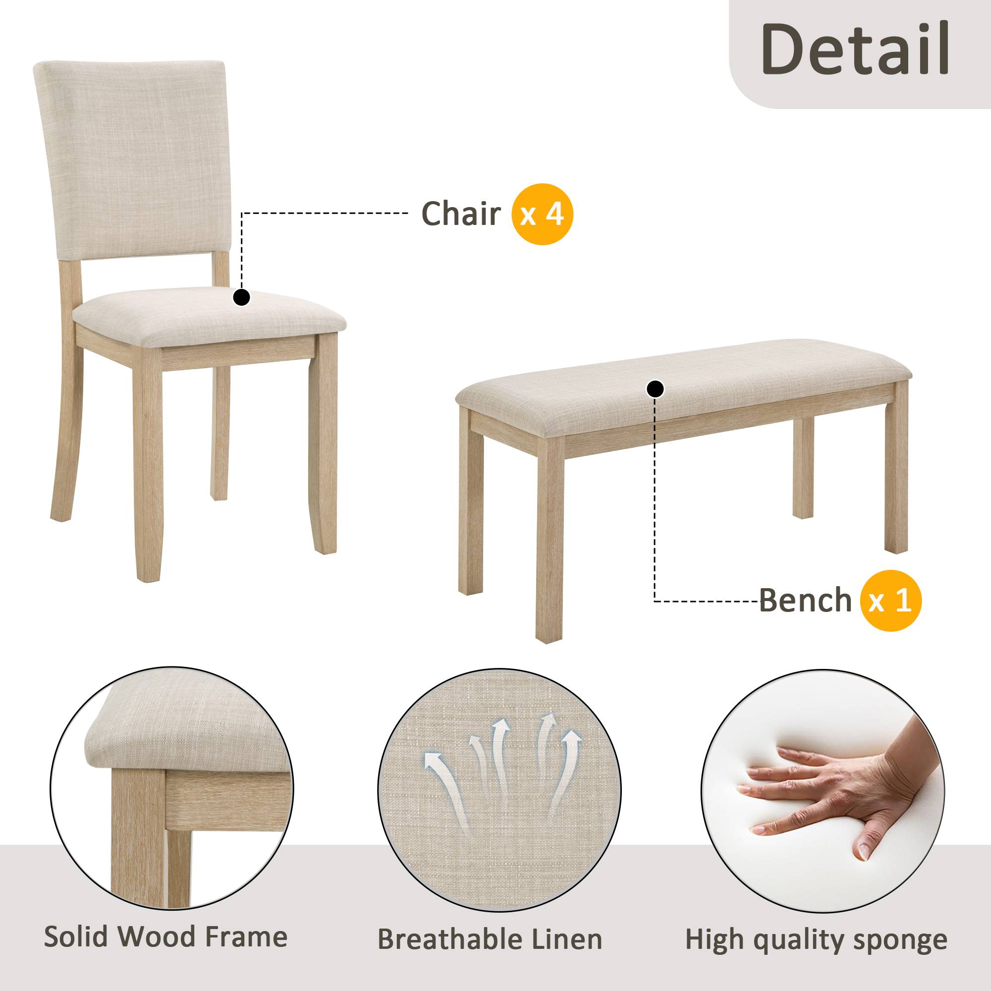 6 Piece Dining Table Set with Bench, Wooden Rectangular Kitchen Table Set with Bench and 4 Upholstered Chairs for Living Room, Kitchen, Dining Room, U-shaped base, Light Oak & Beige