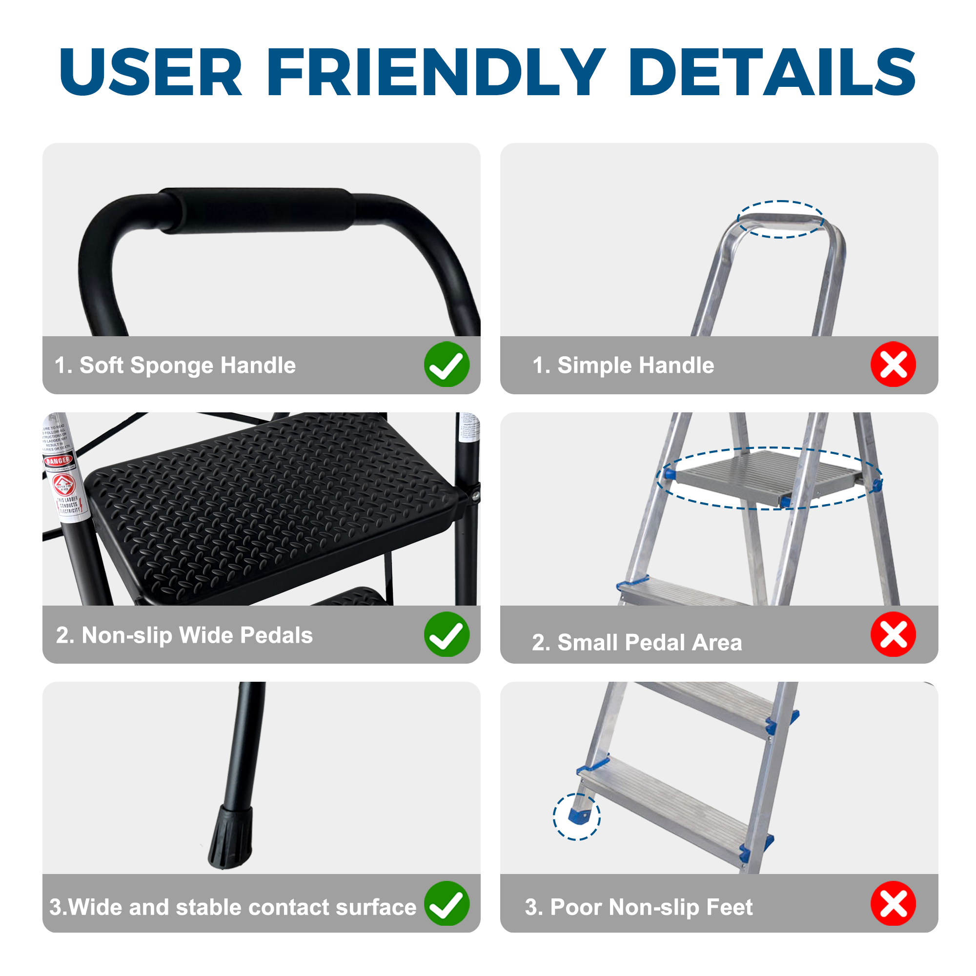 3 Step Ladder, Folding Step Stool with Wide Anti-Slip Pedal, Sturdy Steel Ladder,  Lightweight, Portable Steel Step Stool — foto 6
