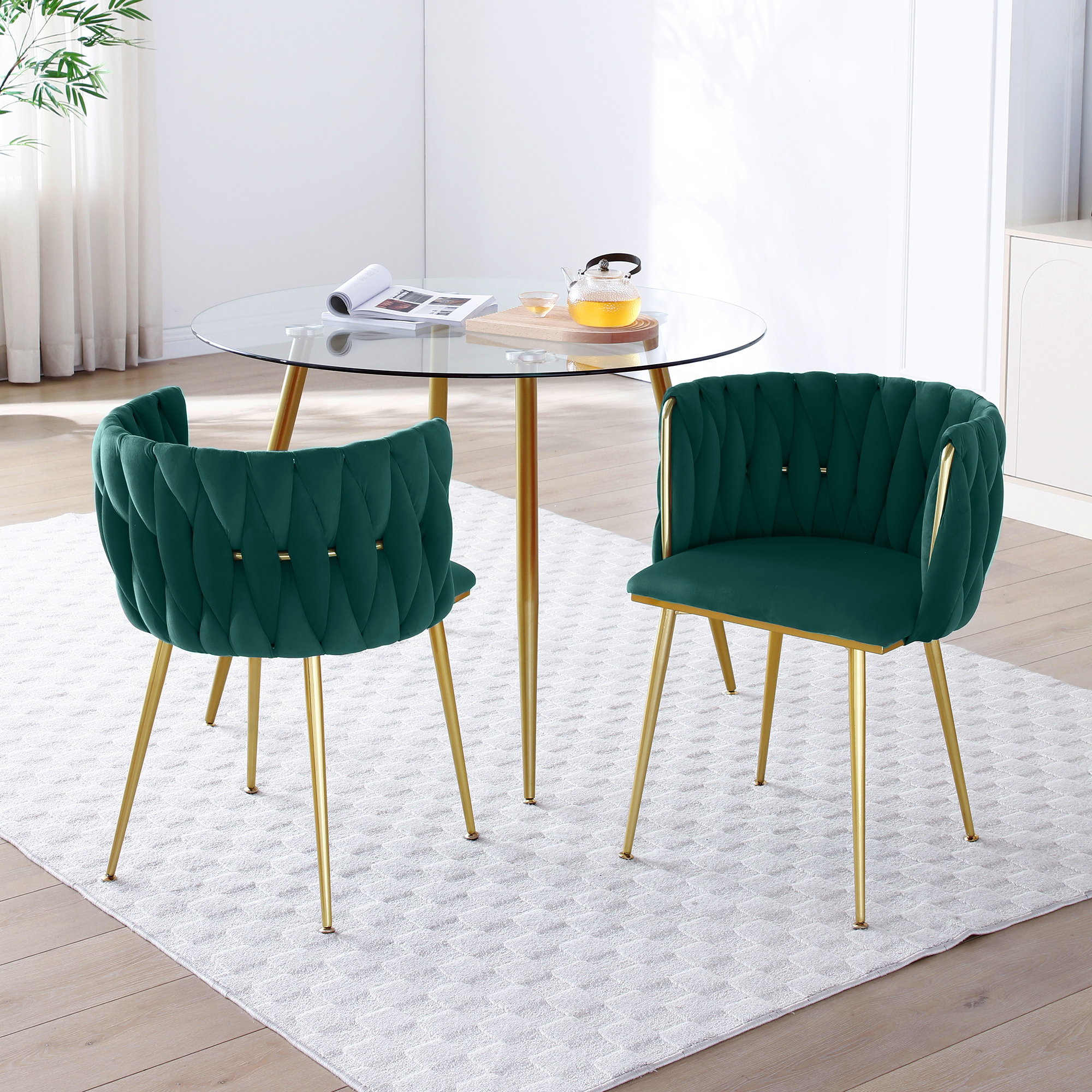 Modern Velvet Dining Chairs Set of 2, Upholstered Woven Dining Chair with Golden Metal Legs, Upholstered Dining Chairs for Dining Room, Kitchen, Vanity, Living Room — foto 7