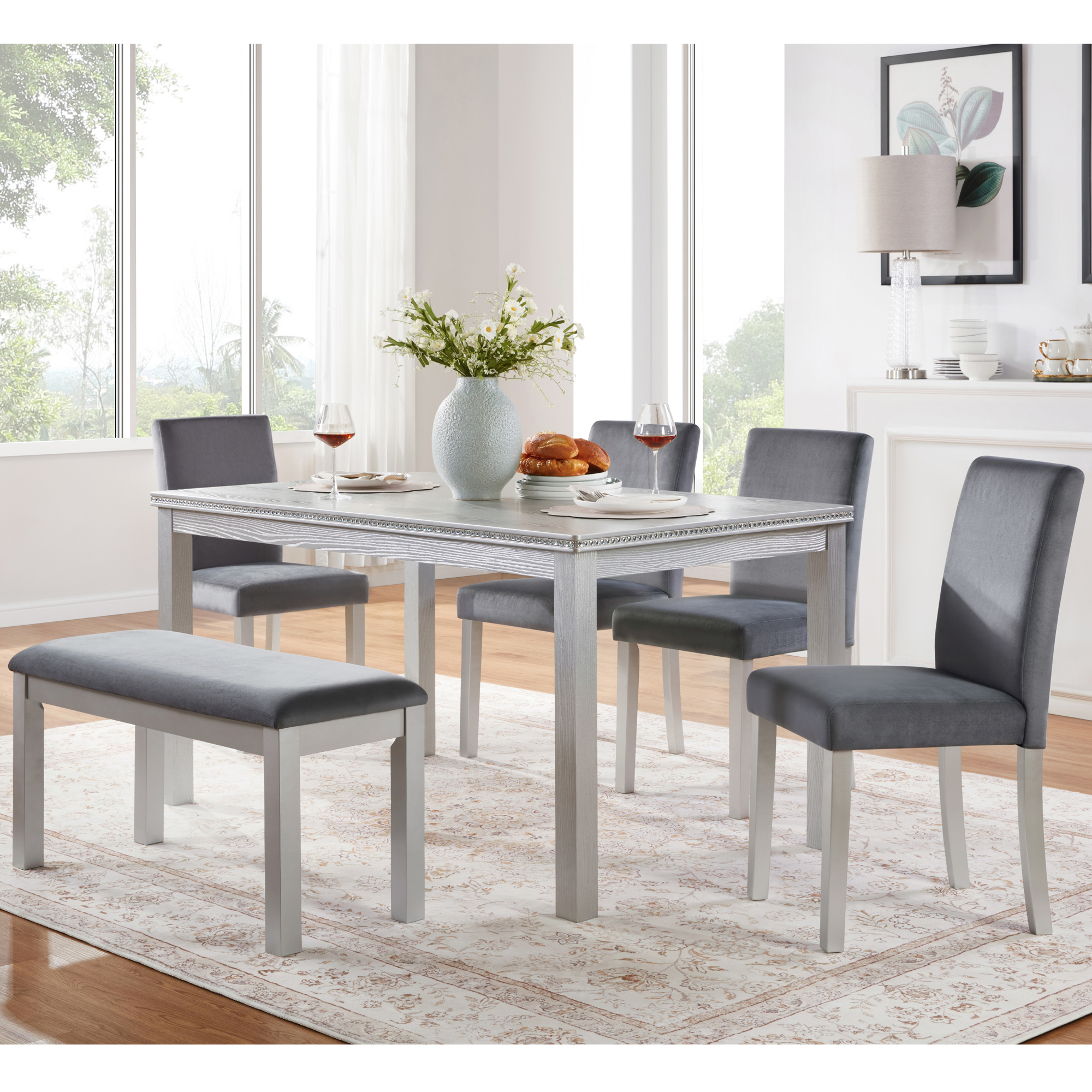 6 Piece Wooden Dining Table Set, Wooden Dining Table with 4 Upholstered Chairs and Bench for 6 People, Rectangular Dining Table Set with Crystal Decoration for Kitchen, Dining Room, Silver grey — foto 6