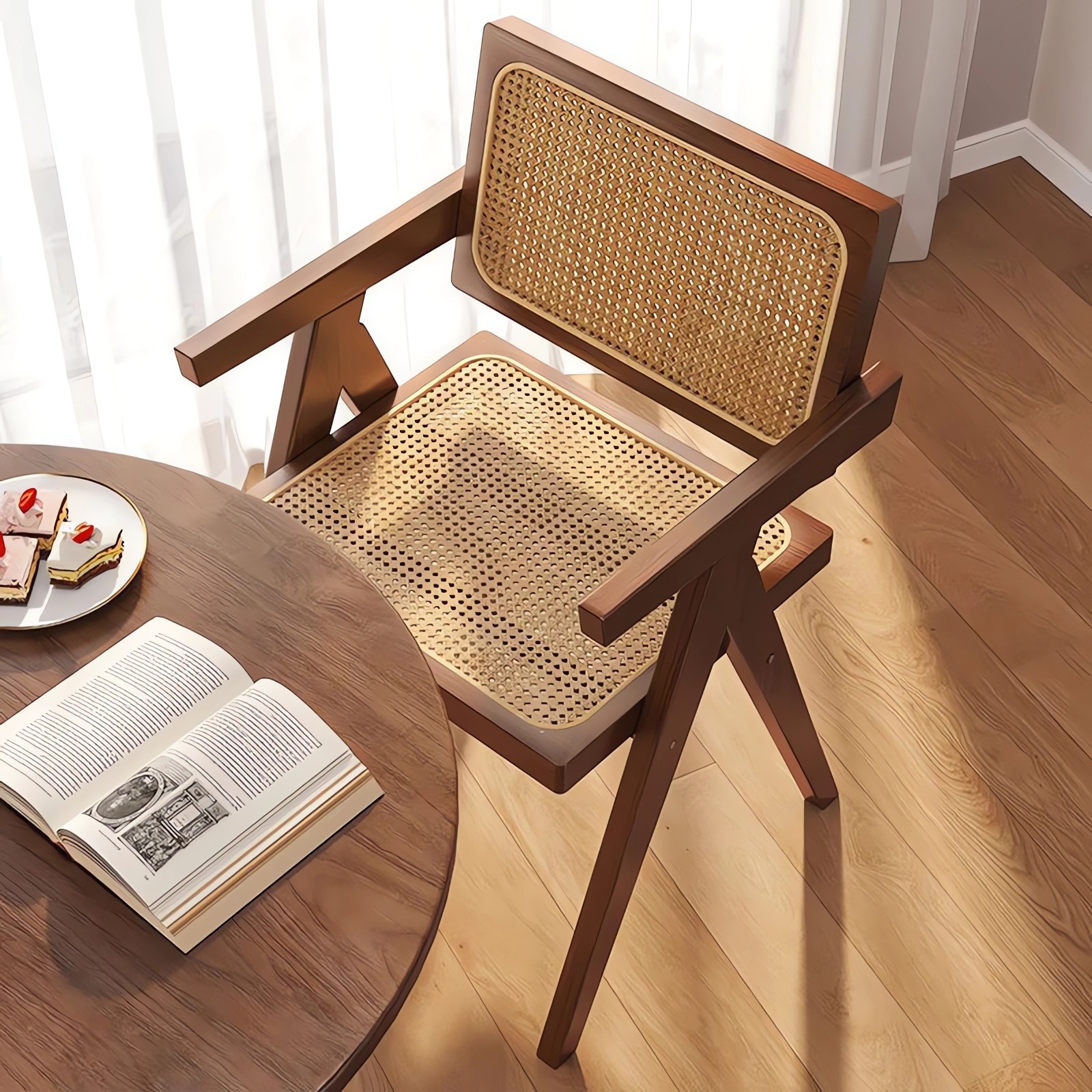 Modern Mid Century Dining Chairs Set of 2, Rattan Accent Chairs, Comfy Armchairs, Outdoor Wood Chairs with Armrest for Bedroom Living Room Reading Room Dining Kitchen, Brown — foto 5