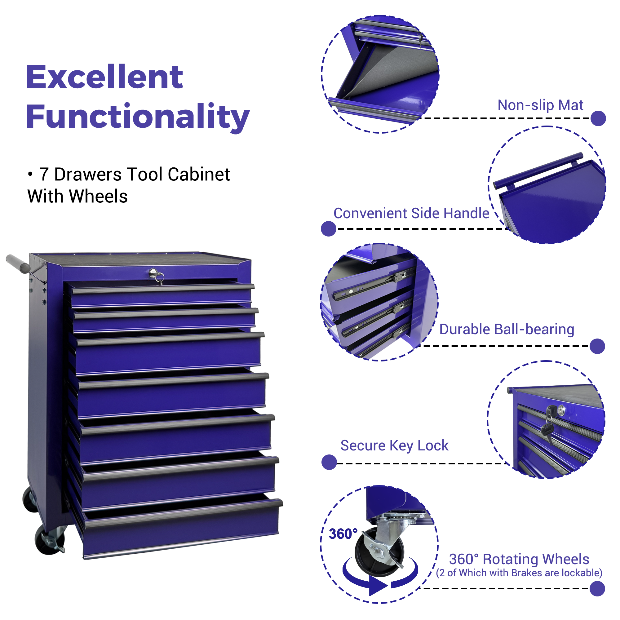 Rolling Metal Tool Chest with 7 Drawers, 20" 7-Drawer Tool Chest Cabinet with Ball Bearing Drawer Slides, Steel Tool Storage Box Organizer -PURPLE — foto 2