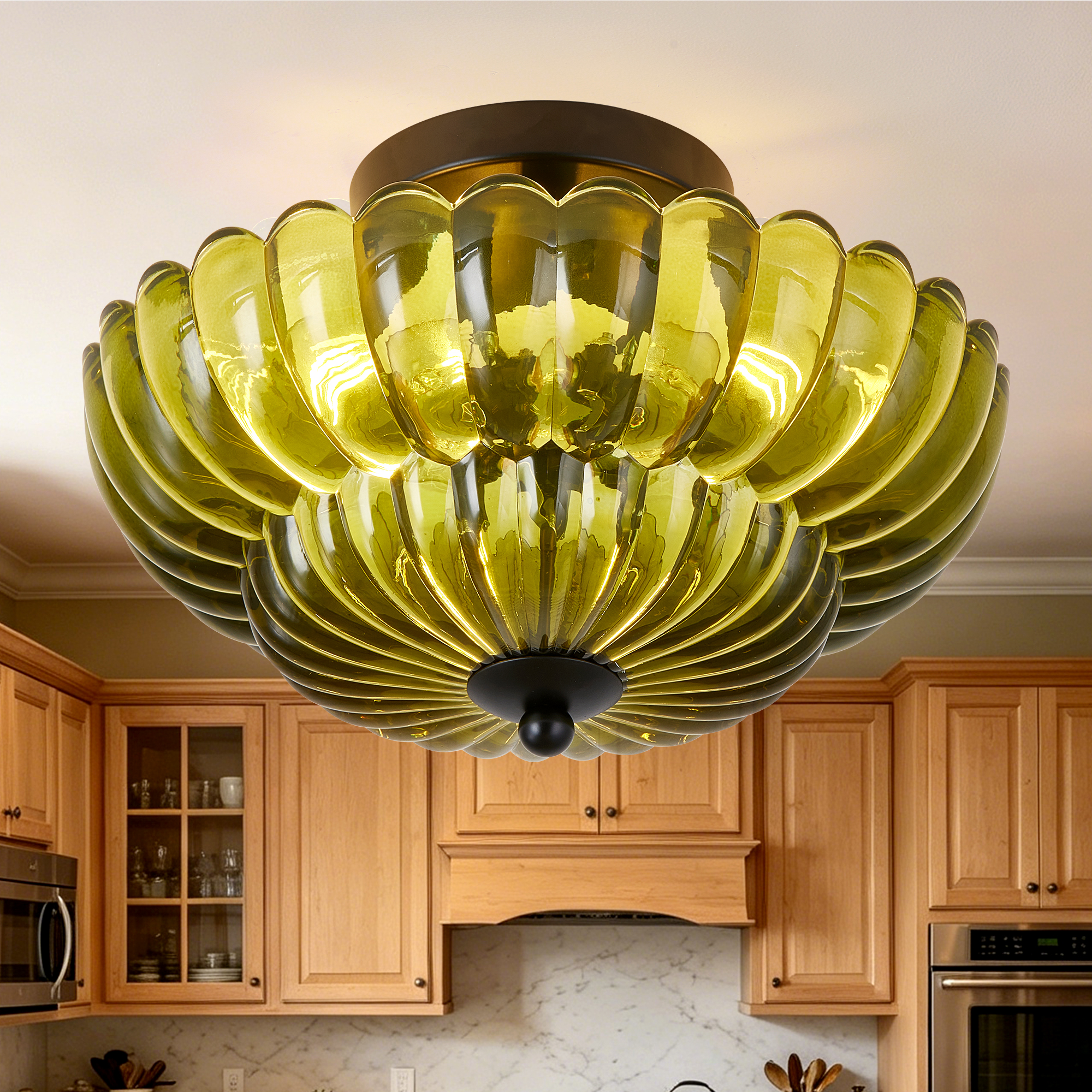 Semi Flush Mount Ceiling Light, Green Glass Ceiling Light Fixture, 3-Bulb Modern Black Close to Ceiling Light, Vintage Glass Ceiling Lights for Bedroom Kitchen Living Room, Bulb Not Included — foto 5