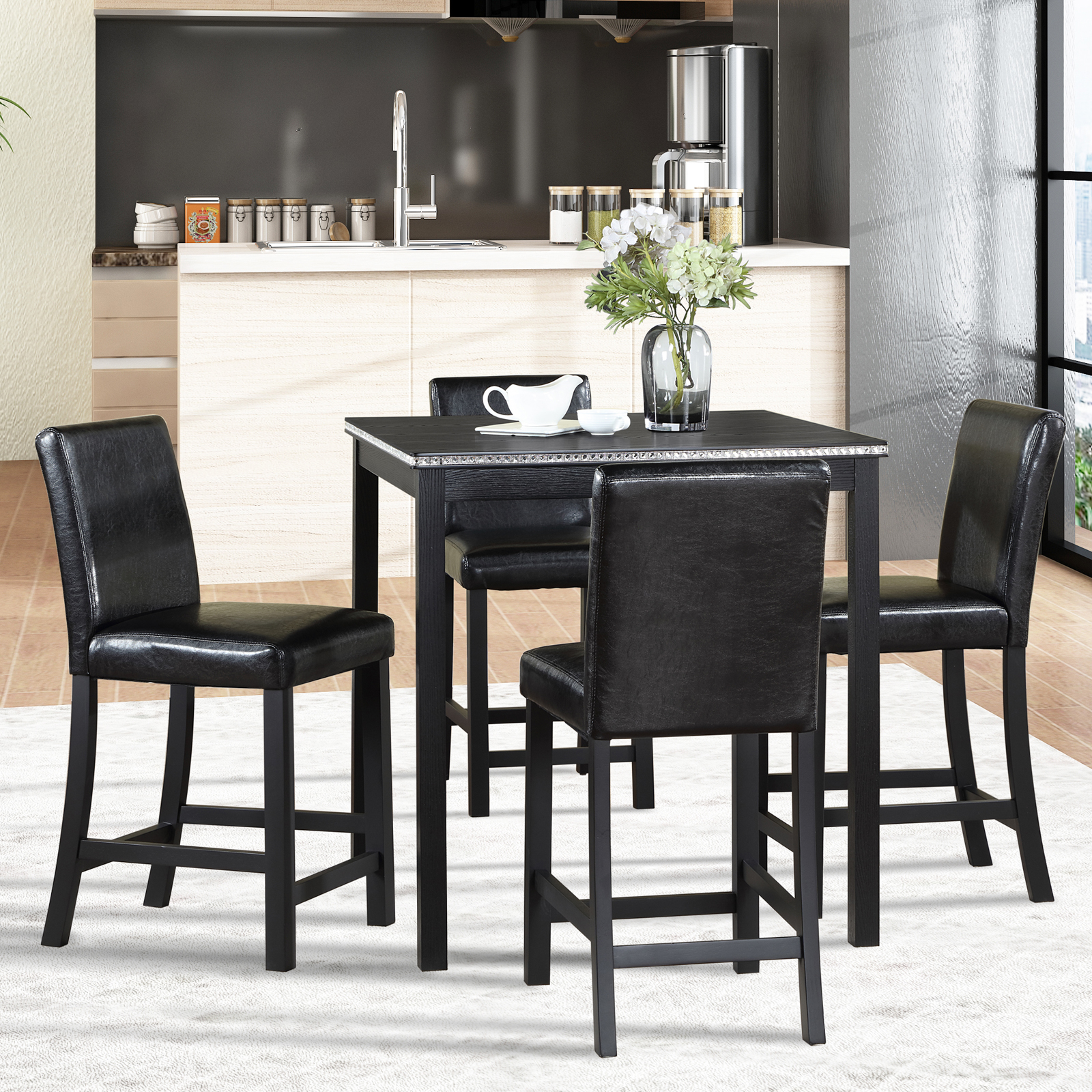 5 Piece Counter Height Table Set, Wooden Kitchen Table Set with Square Table and 4 Upholstered Chairs, Counter Height Dining Table with Crystal Decoration and Chair Set for Kitchen, Dining Room,Black — foto 7