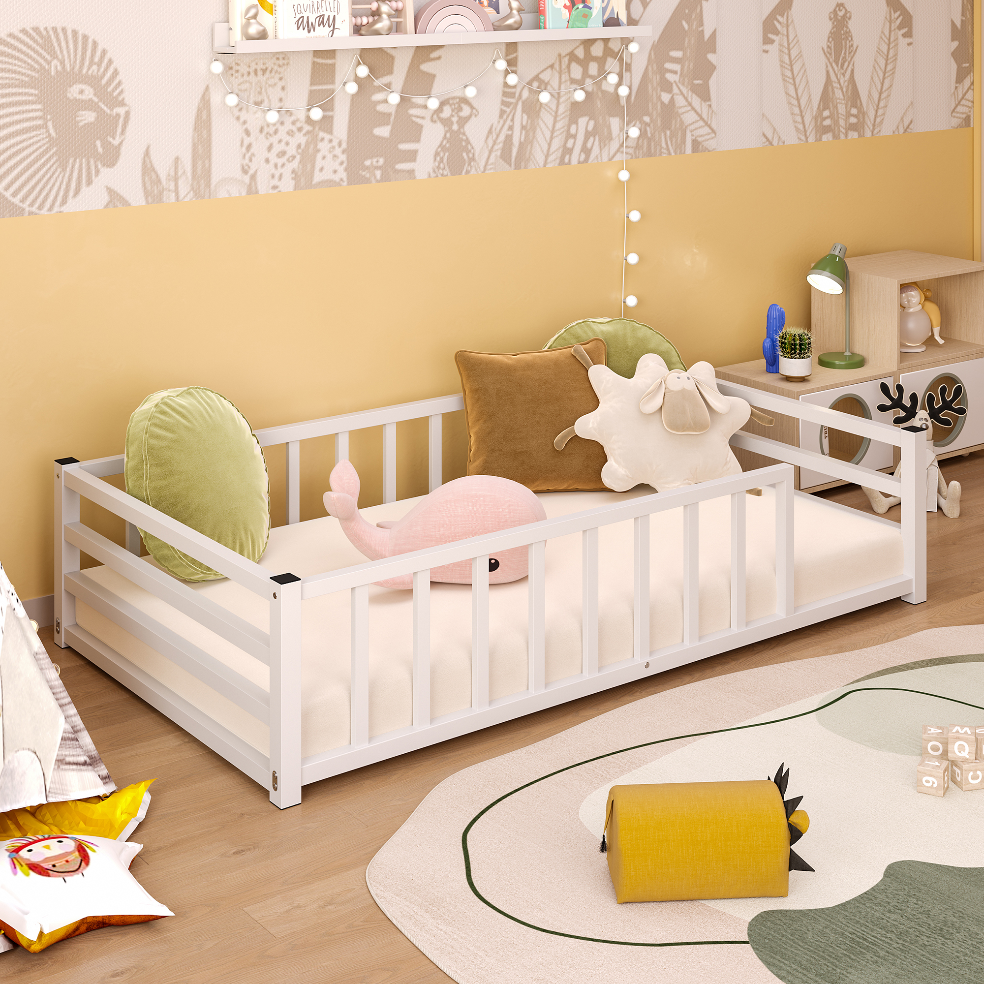 Twin Size Floor Bed, Low Profile Metal Platform with Heavy Duty Guardrails, No Box Spring Needed, White — foto 7