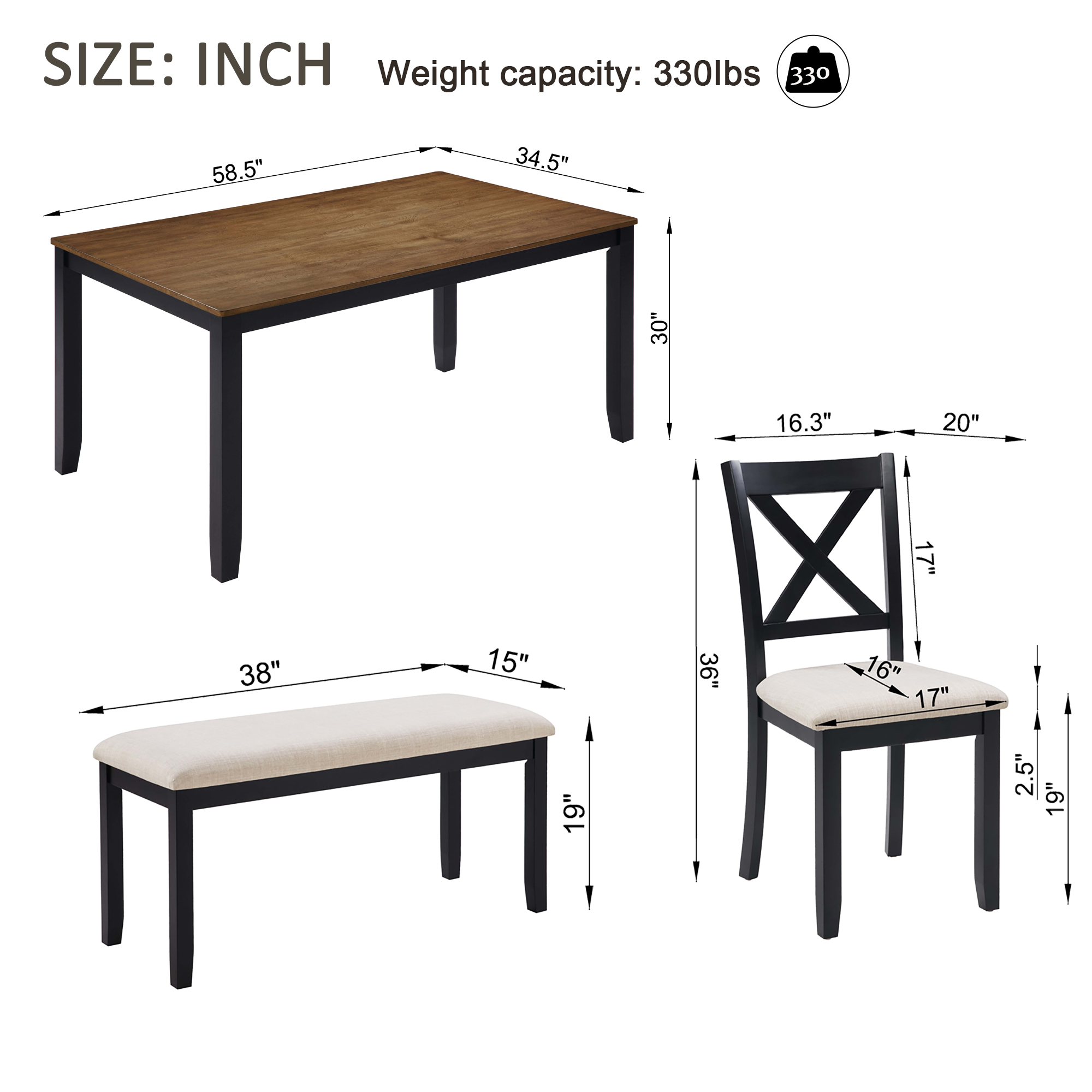 6-Piece Dining Table Set with Bench, Classic Wooden Dining Table Set for 6, Timeless Farmhouse 6-Person Dining Table Set for Dining room, Kitchen, Black & Oak  two tone — foto 8