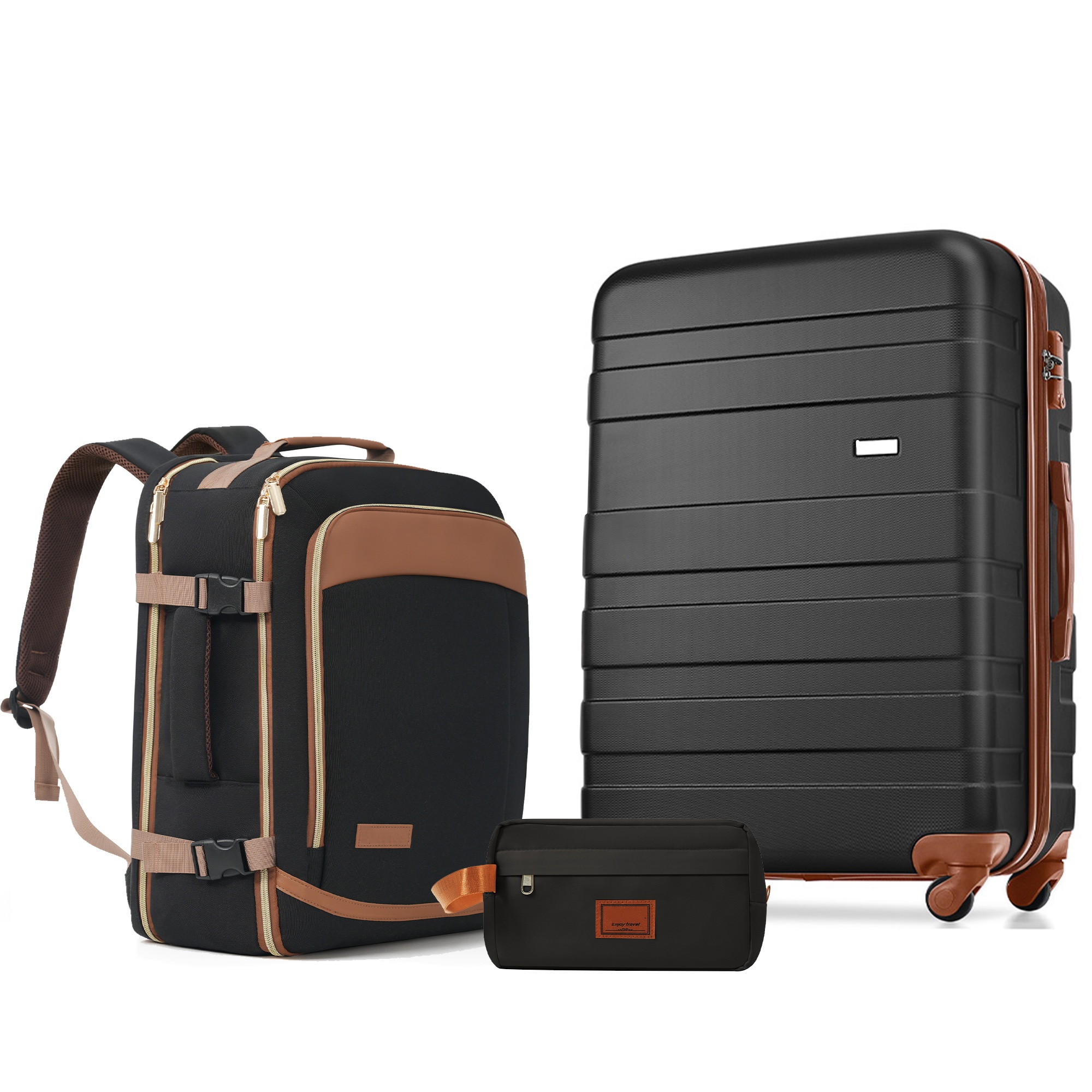 3-Piece Luggage Set - 28in Checked Suitcase with TSA Lock Travel Duffel Bag Wet-Dry Toiletry Bag,black and brown 4