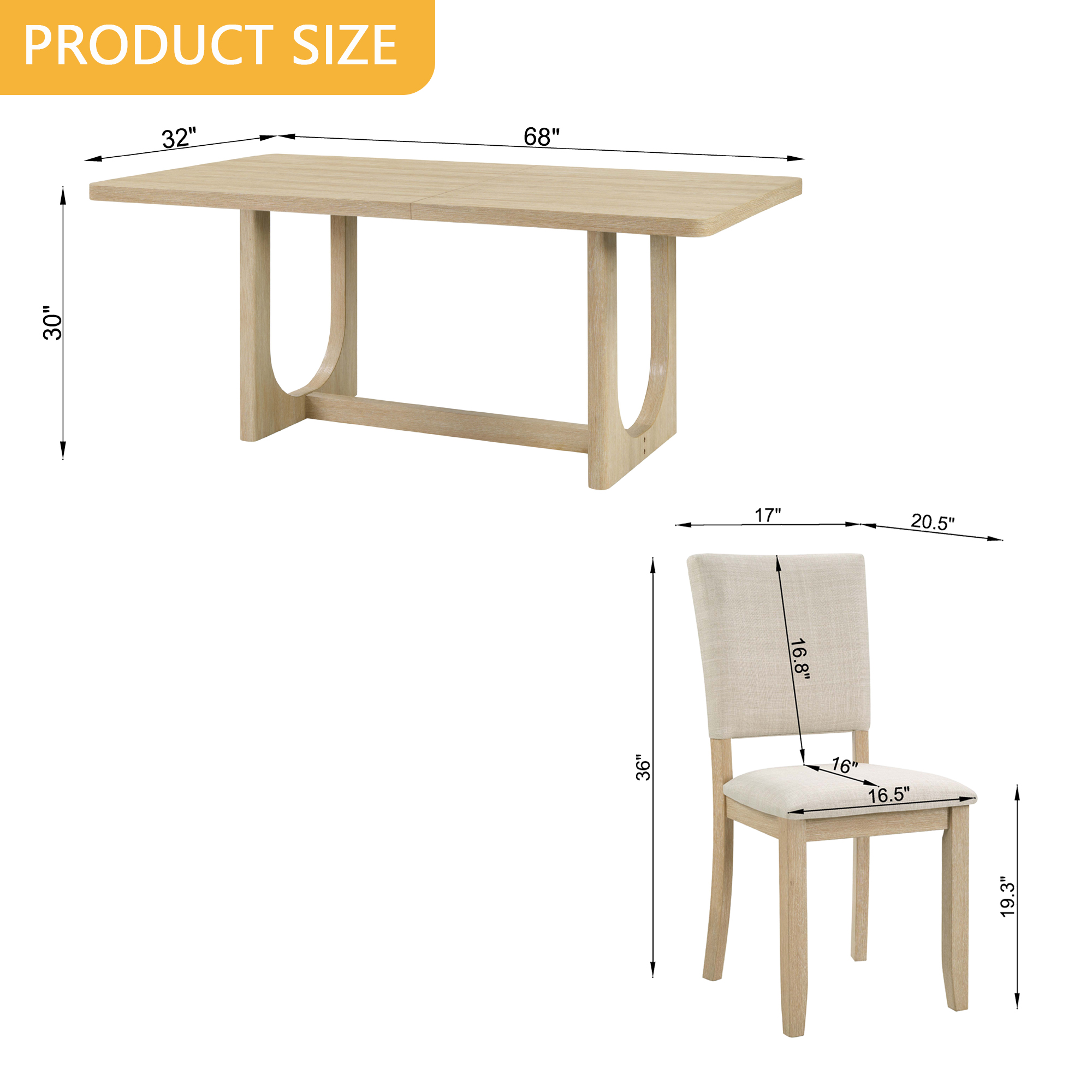 7-Piece Dining Table Set for 6, 68 Inch Rectangular Kitchen Table with 6 Upholstered Chairs, Natural Wood Dining Room Furniture Set with Sturdy U-Shaped Frame for Family, Apartment, Dining Room — foto 4