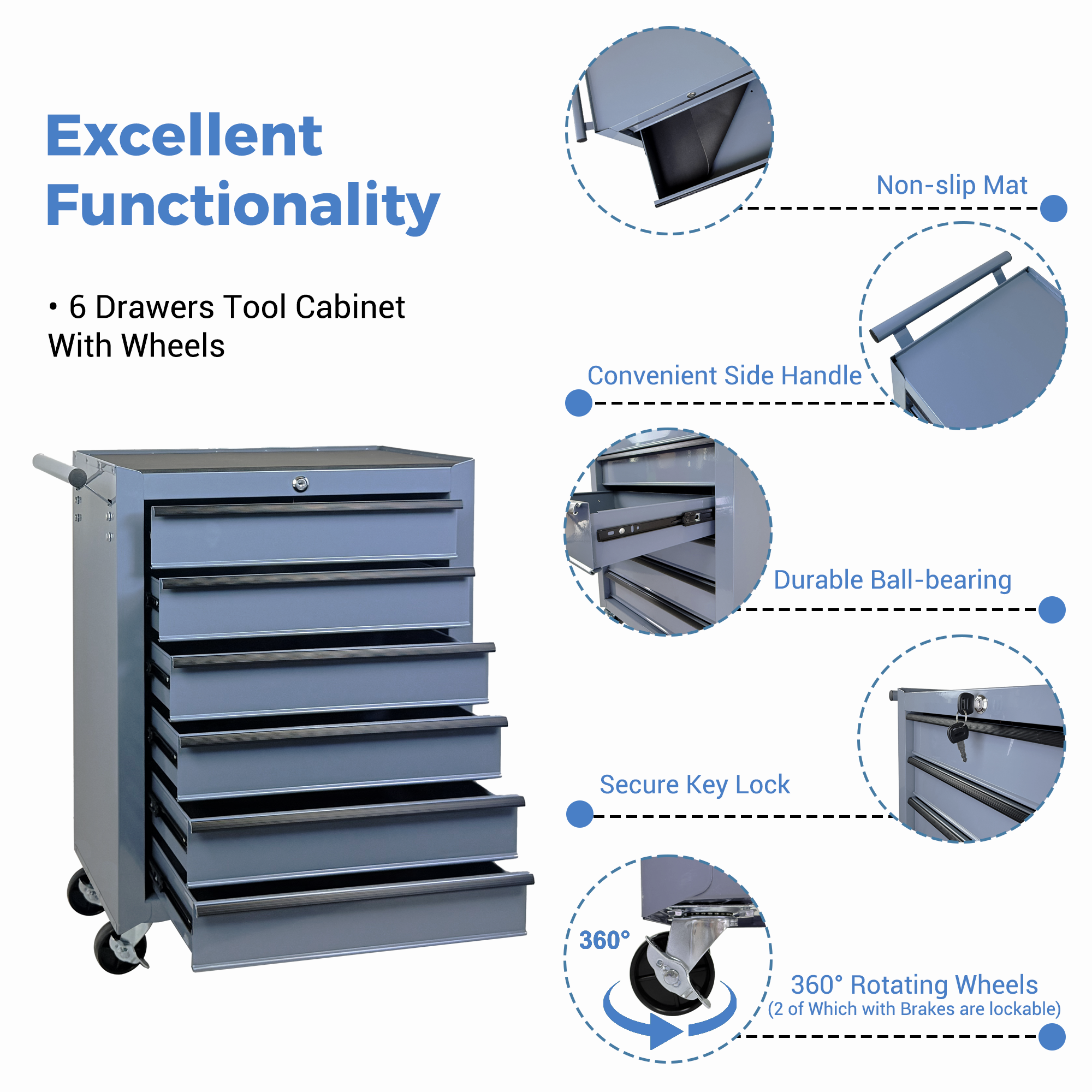 Rolling Metal Tool Chest with 6 Drawers, 20" 6-Drawer Tool Chest Cabinet with Ball Bearing Drawer Slides, Steel Tool Storage Box Organizer  -GREY — foto 6