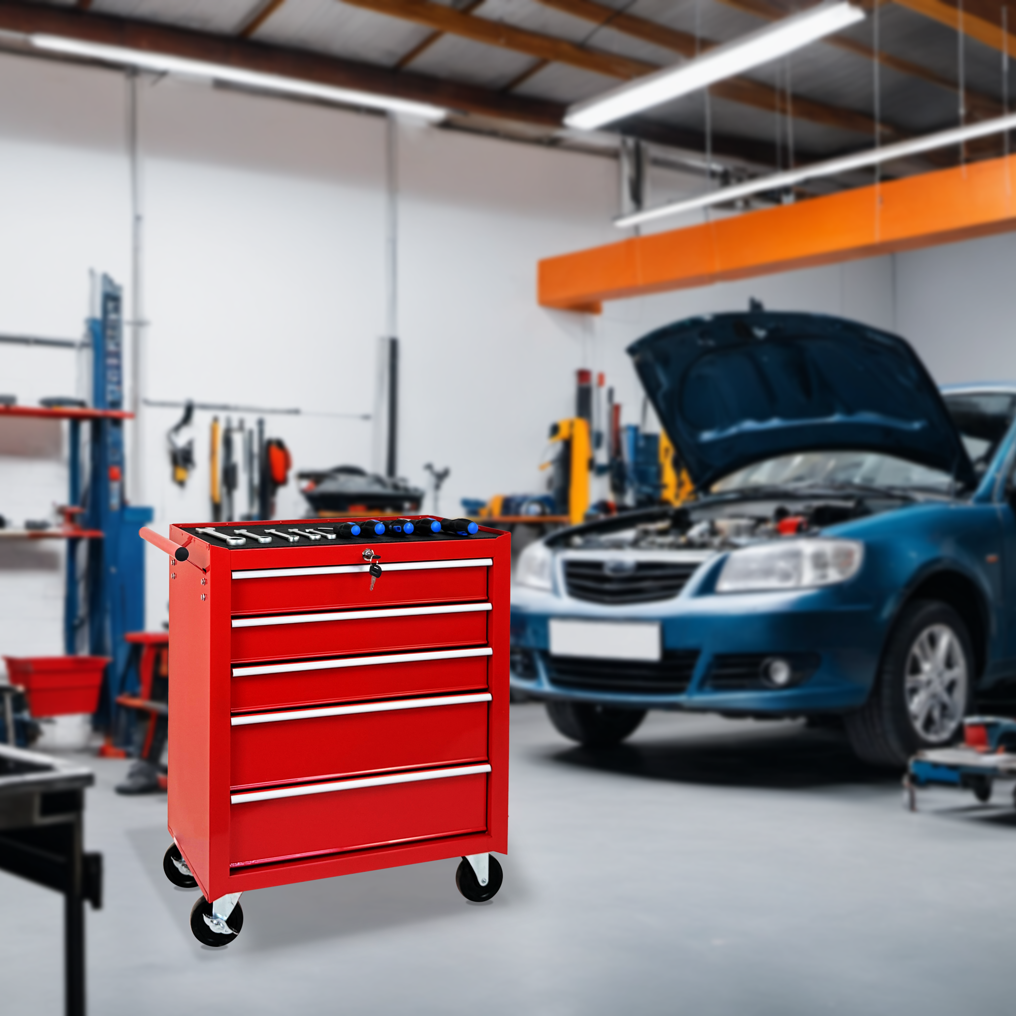 5-Drawer Rolling Tool Chest w/Lock & Key, Tool Storage Cabinet with Wheels, Top Cushion & Drawer Liners, Tool Organizer Box for Garage, Warehouse & Repair Shop-RED — foto 8