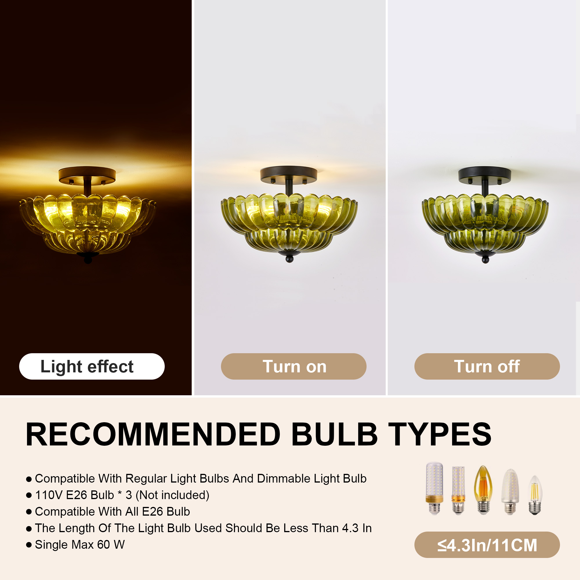 Semi Flush Mount Ceiling Light, Green Glass Ceiling Light Fixture, 3-Bulb Modern Black Close to Ceiling Light, Vintage Glass Ceiling Lights for Bedroom Kitchen Living Room, Bulb Not Included — foto 4