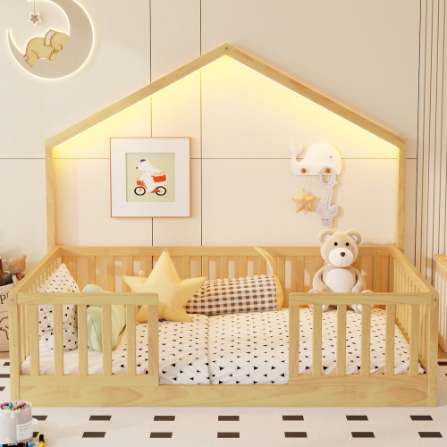 Full Floor Bed with High Rails, Wooden Montessori Bed with Light for Kids, Boys and Girls,Natural(Old SKUW2593P440609 Expect Arrival Date 2026/6/30)