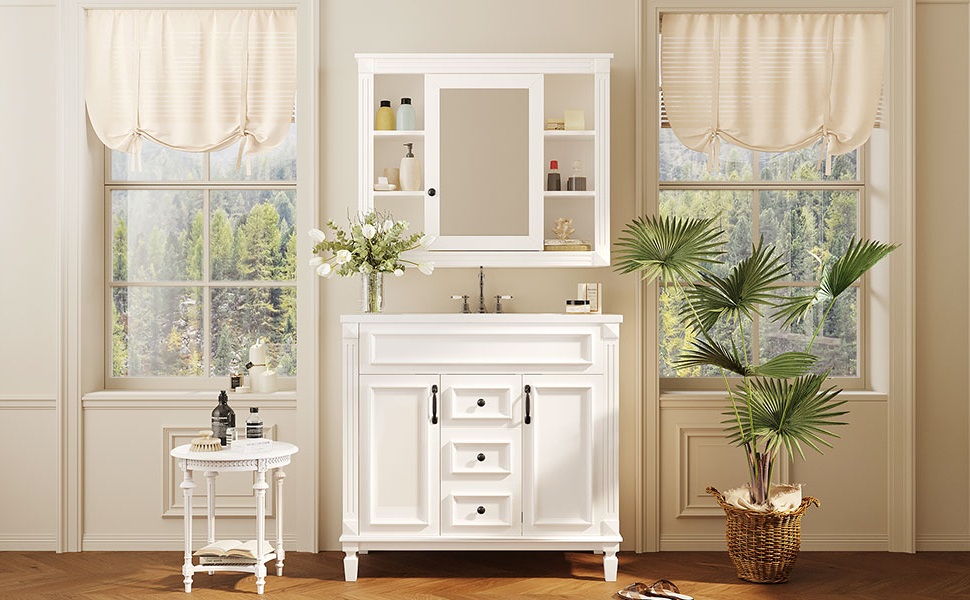 36'' Bathroom Vanity with Top Sink, Mirror Cabinet, Modern Bathroom Storage Cabinet with 2 Soft Closing Doors, Single Sink Bathroom Vanity — foto 3