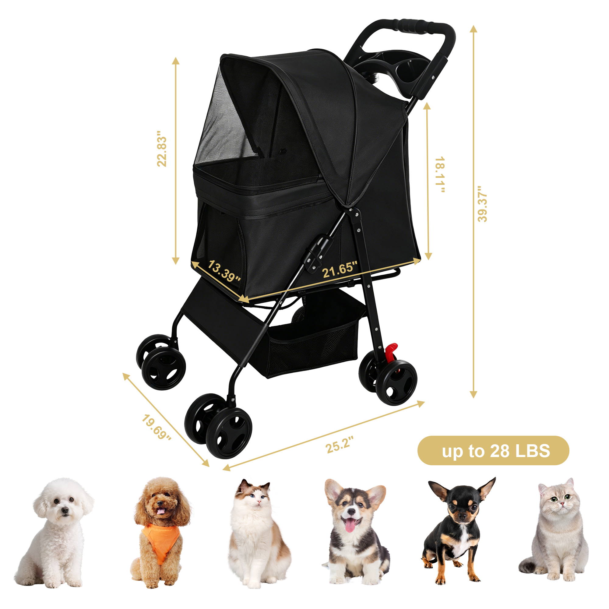 Foldable Pet Stroller for Small Dogs and Cats Under 28 lbs with Multi-Functional Tray, 2 Safety Leashes, Storage Basket & Breathable Mesh, 4 Wheels Pet Stroller, Black — foto 5