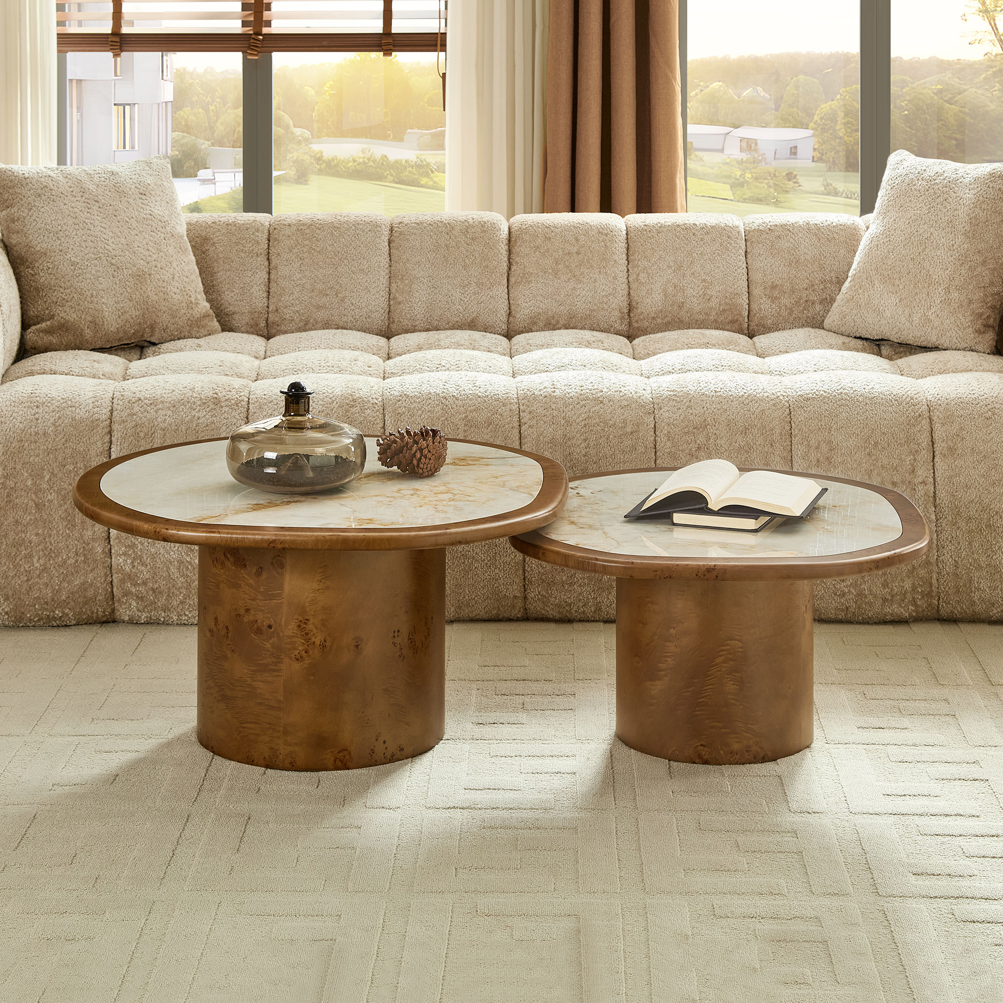 Irregular Coffee Table set, 2pcs burl Wood Veneer Coffee Table,Sintered Stone Tabletop Table with Sturdy MDF Pedestal, Rounded Sofa Side Table for living Room,Office — foto 8
