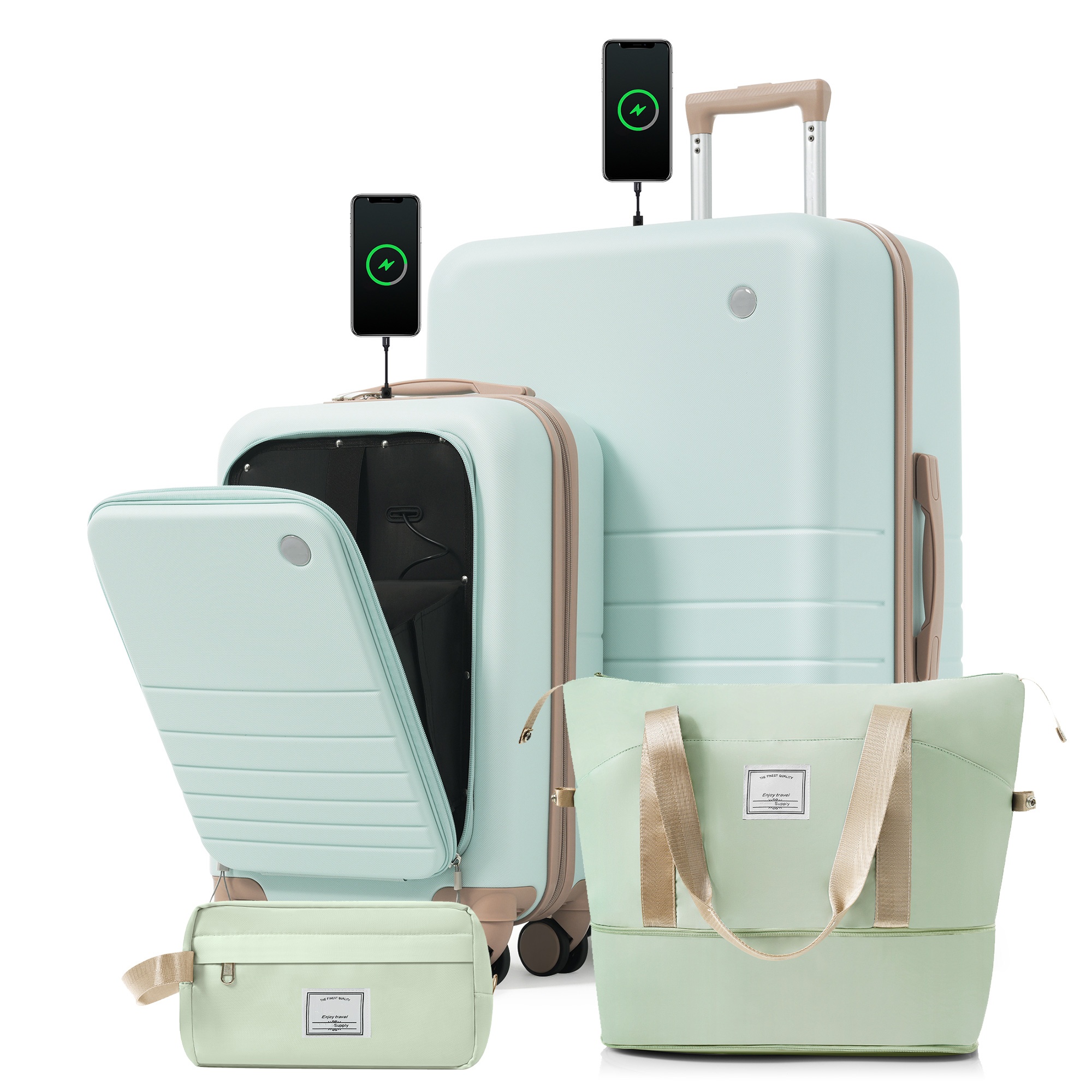 4-Piece Luggage Set with USB Charging Ports - 20in Carry-On (Front-Opening for Laptop) 28in Checked Suitcase with TSA Lock Travel Duffel Bag Wet-Dry Toiletry Bag, grey green 4