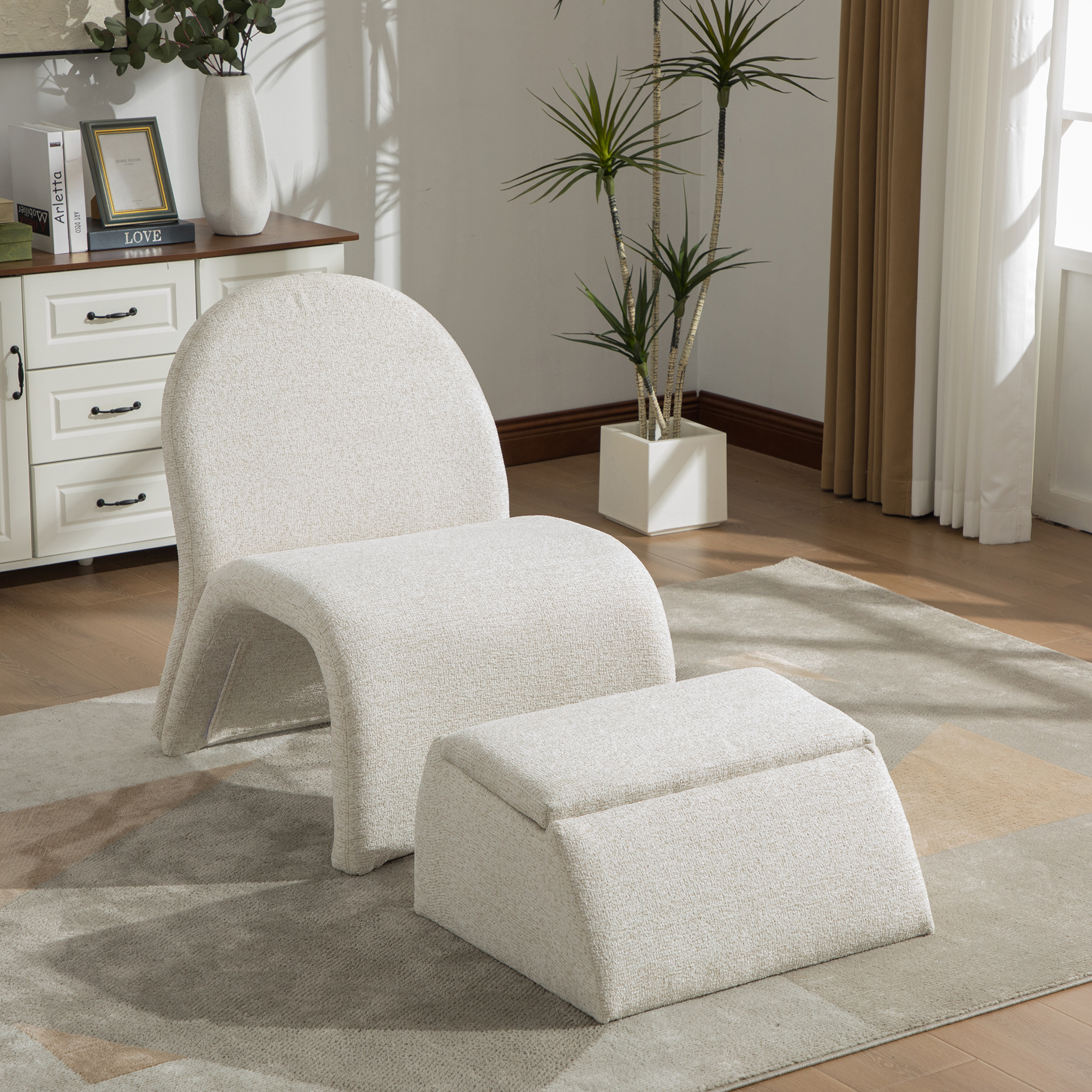 Chenille Armless Accent Chair with Ottoman