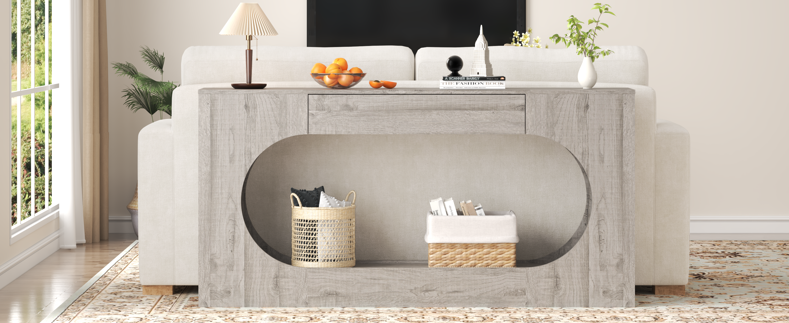 Modern Grey Wood Grain Console Table, Particle Board Entryway Table with Storage Drawer, Hollow Oval Cutout Narrow Sofa Accent Table for