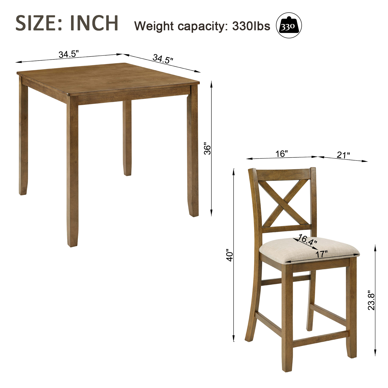 Oak Finish 5-Piece Counter Height Dining Set – Square Table & 4 X-Back Chairs, Solid Wood Frame, Waterproof Surface, Easy Assembly – Perfect for Small Spaces, Kitchen, Apartment or Breakfast Nook — foto 2